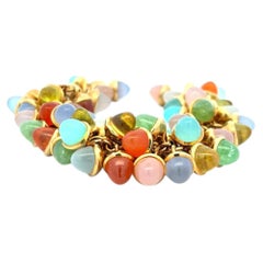 18K Yellow Gold Link Bracelet & Earrings Set with 7.8-9.1 MM Multi Gemstones