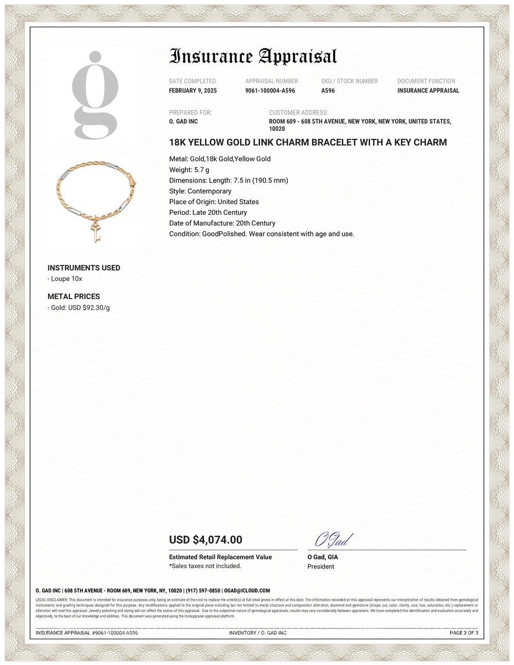 Contemporain Bracelet à maillons en or jaune 18 carats avec breloque à clé en vente
