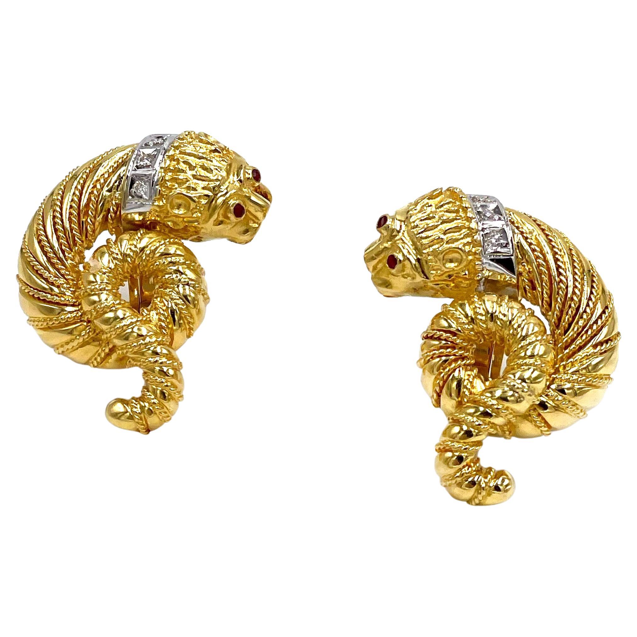 18K Yellow Gold Lion Earrings with Diamonds and Ruby For Sale at 1stDibs
