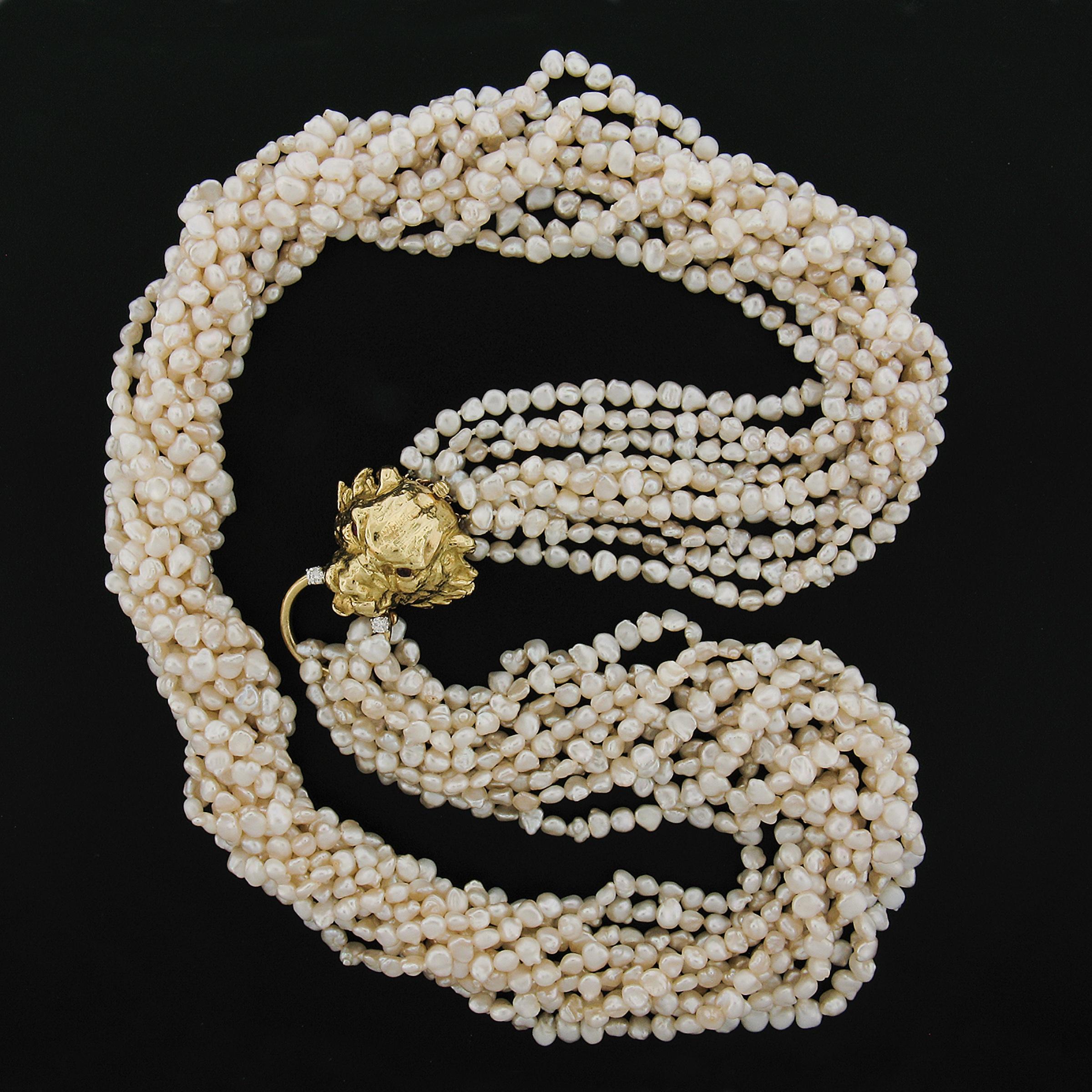 Collier à plusieurs rangs en or jaune 18 carats avec fermoir tête de lion 30 pouces en perles d'eau douce en vente 1