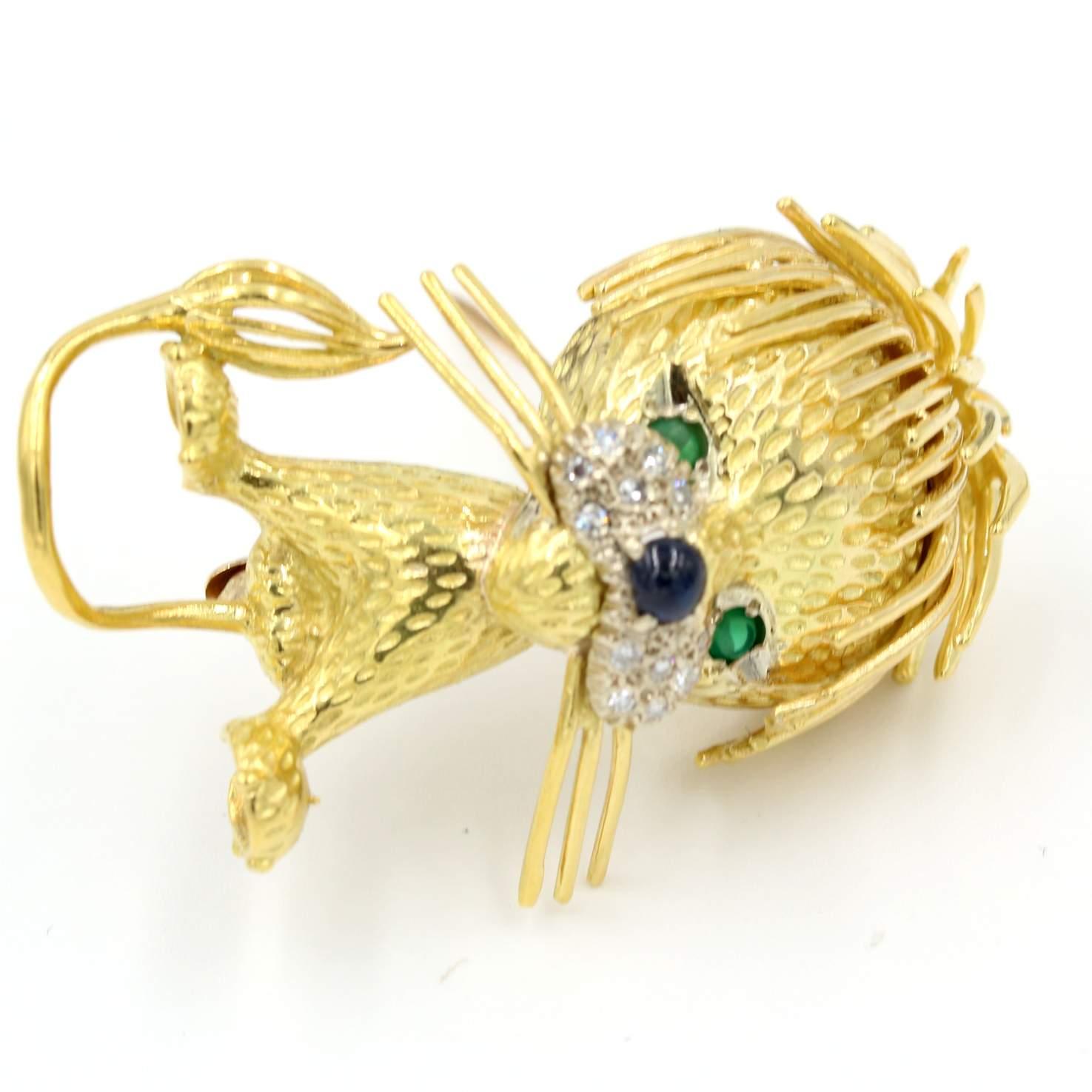 Women's 18K Yellow Gold Lion Pin with Sapphire Emerald and Diamond Accents For Sale