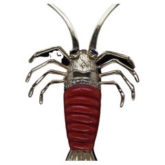 18k Yellow Gold Lobster Brooch with Coral, Diamonds and Sapphires - VHK#207