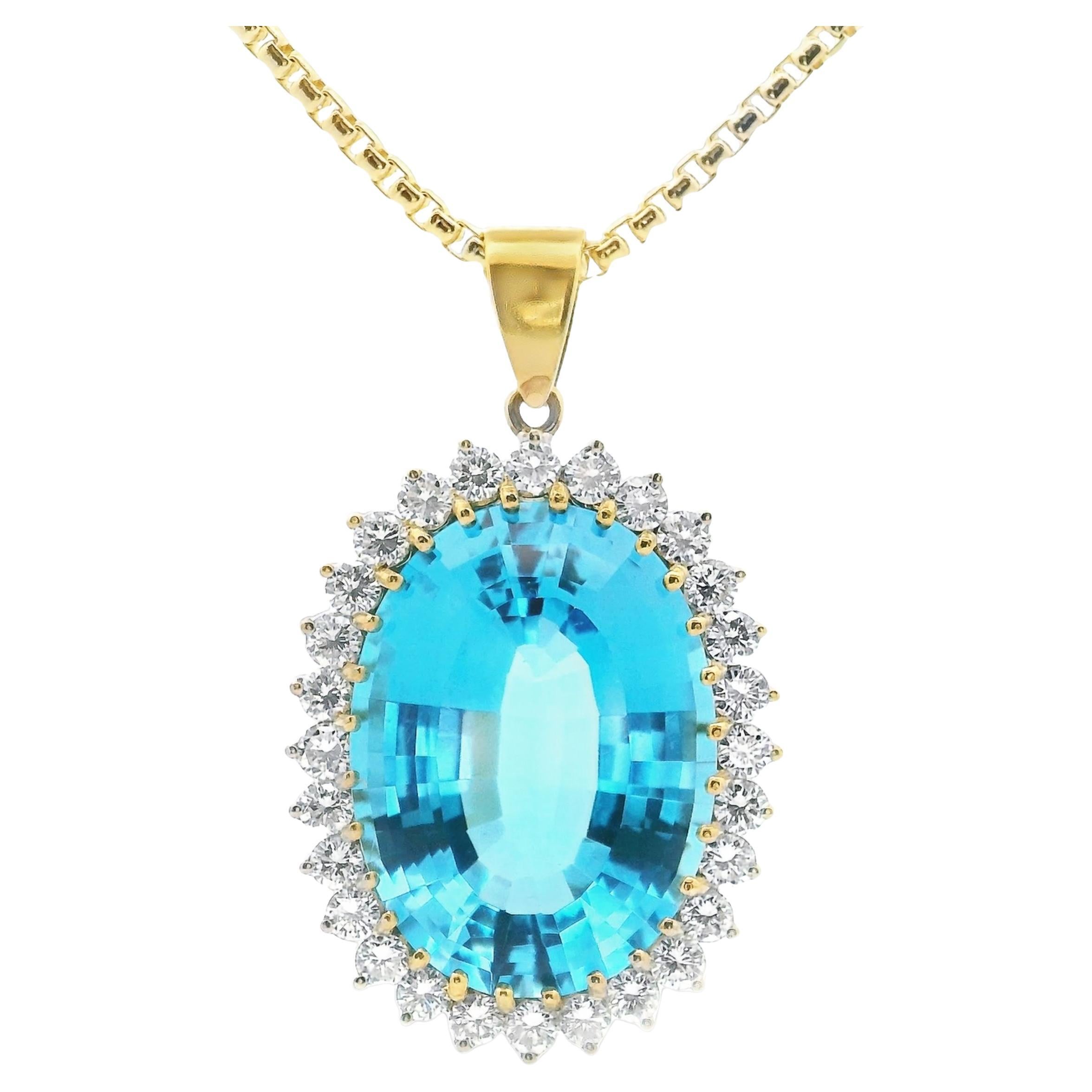 18K Yellow Gold London Blue Topaz Pendant on 14K Yellow Gold Rounded Box Chain For Sale