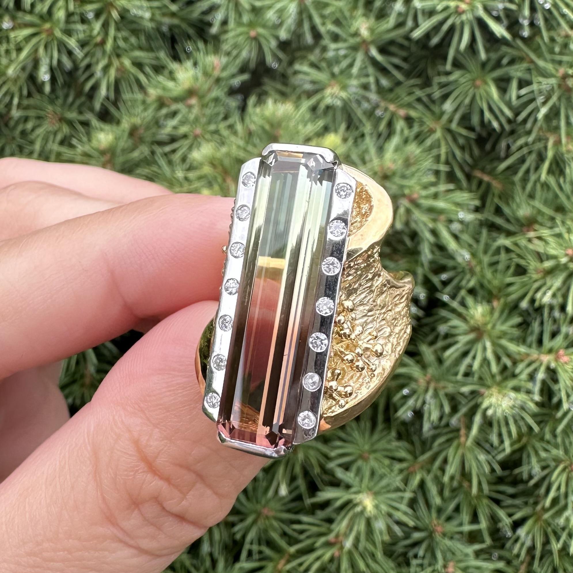 Anello lungo in oro giallo 18k con tormalina bicolore e diamanti da 11,32 ct. in vendita 8