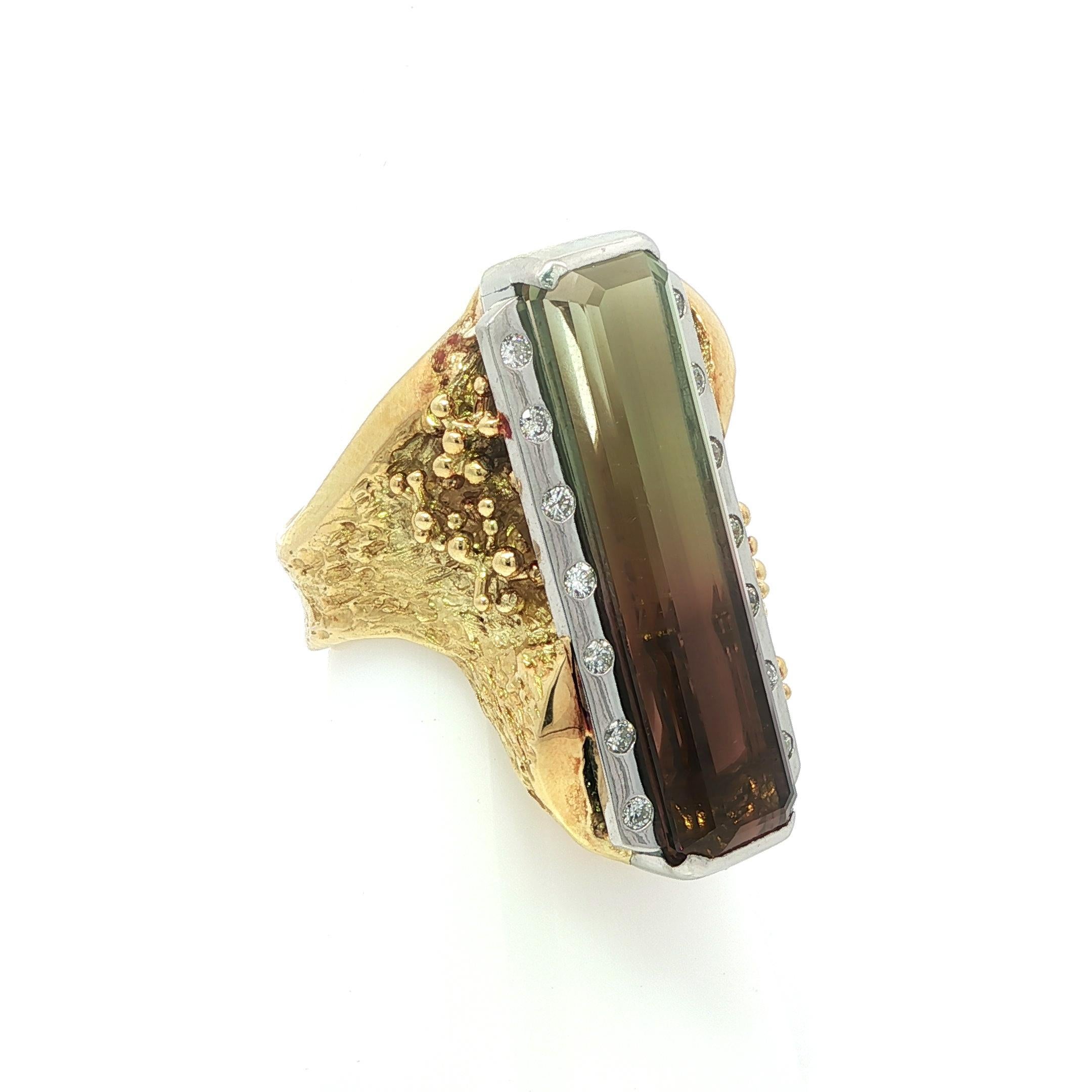 Donna Anello lungo in oro giallo 18k con tormalina bicolore e diamanti da 11,32 ct. in vendita