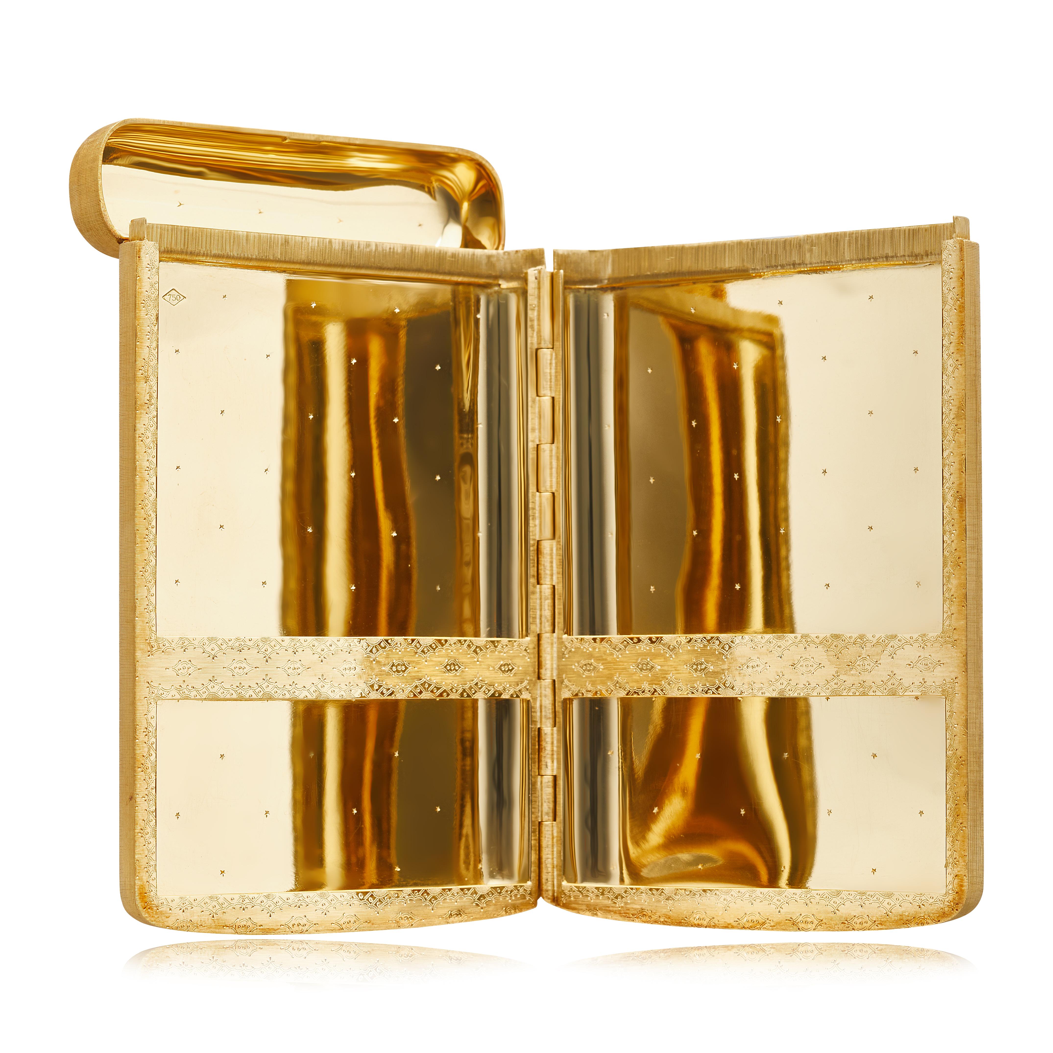 This 18 karat yellow gold Mid-Century era M. Buccellati cigarette case features a satin Florentine finish exterior and high polish interior. It is opened with a hidden clasp and includes a black case.
-	18k Yellow Gold 
-	Satin Florentine Finish
