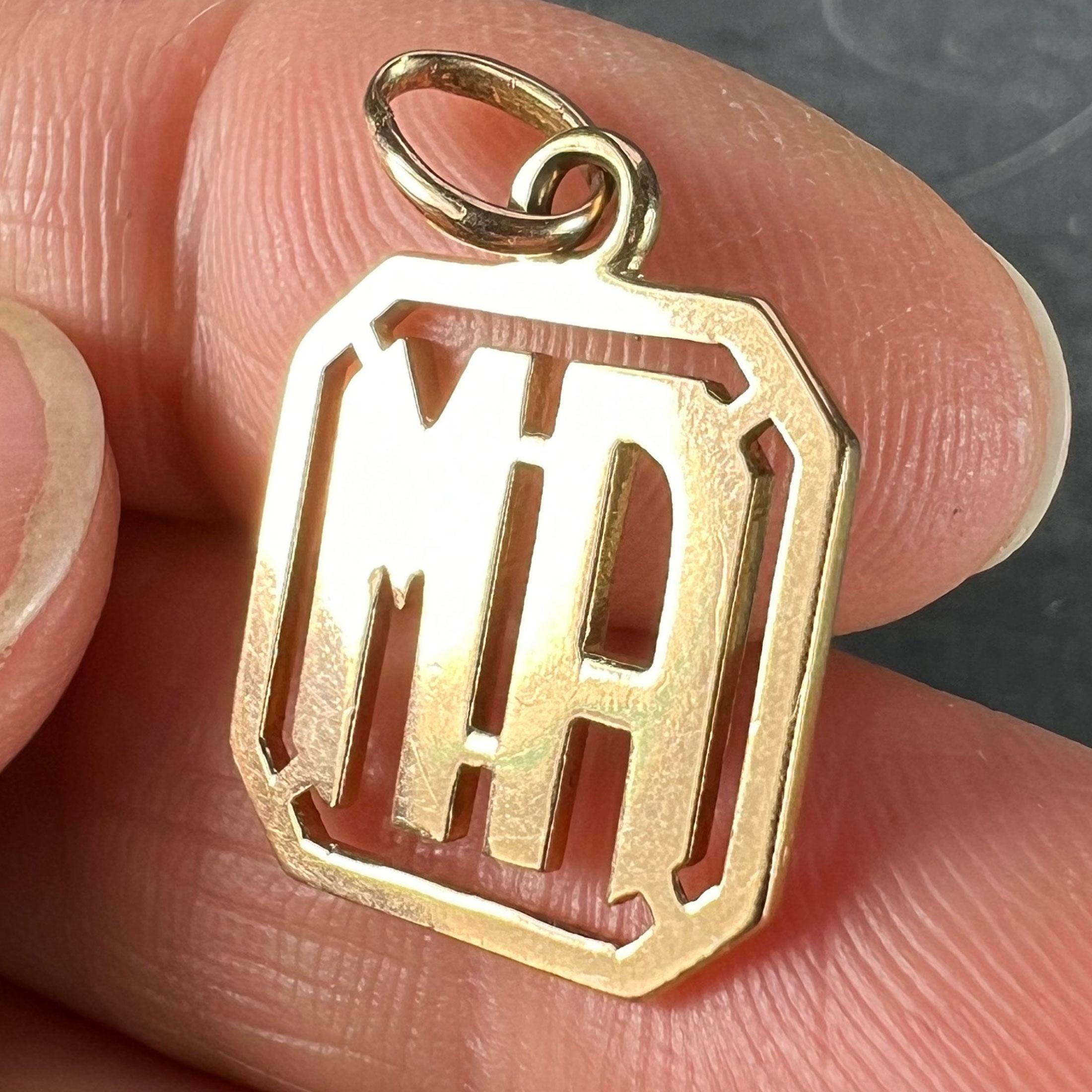 18K Yellow Gold MA or AM Monogram Initials Charm Pendant For Sale 2