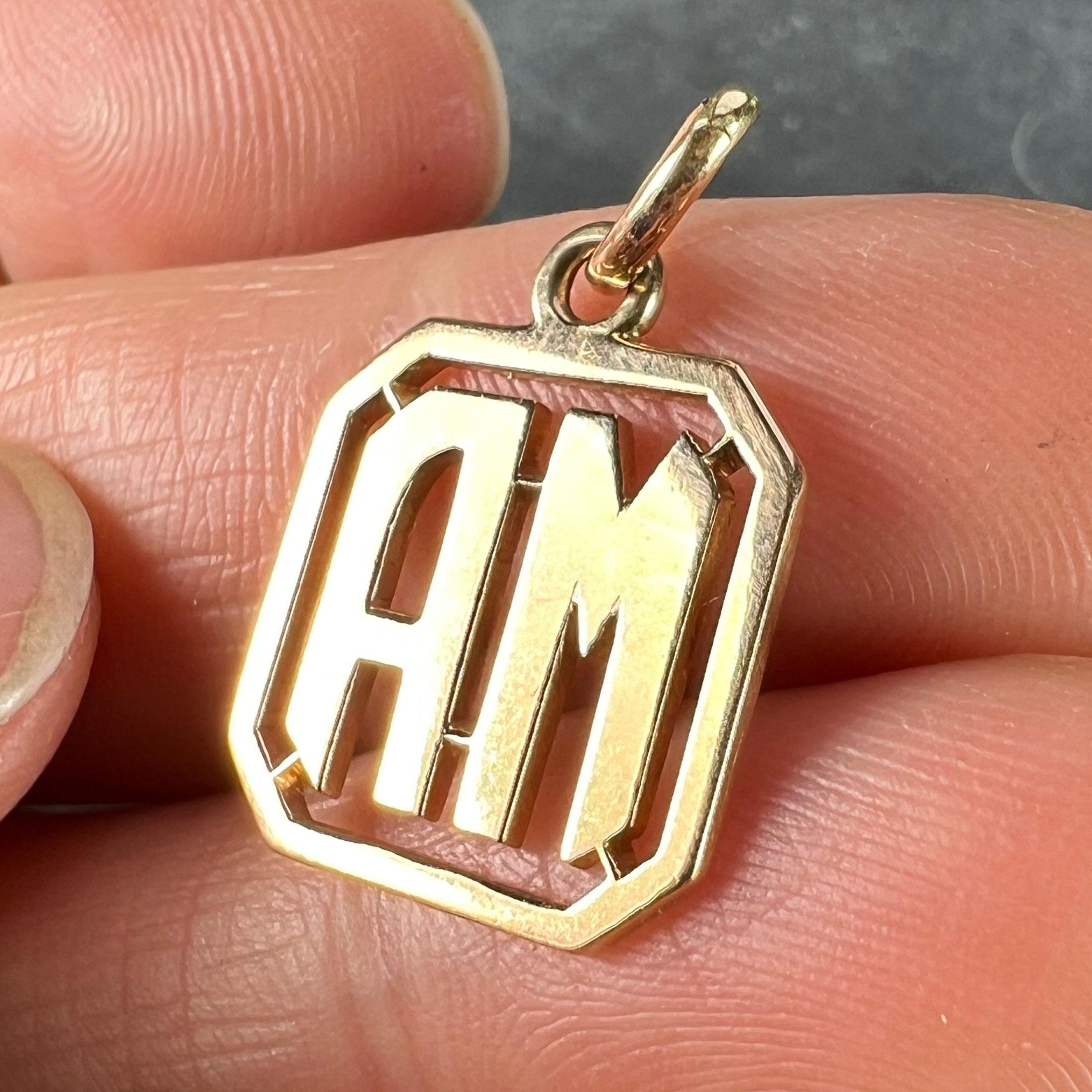 18K Yellow Gold MA or AM Monogram Initials Charm Pendant For Sale 4