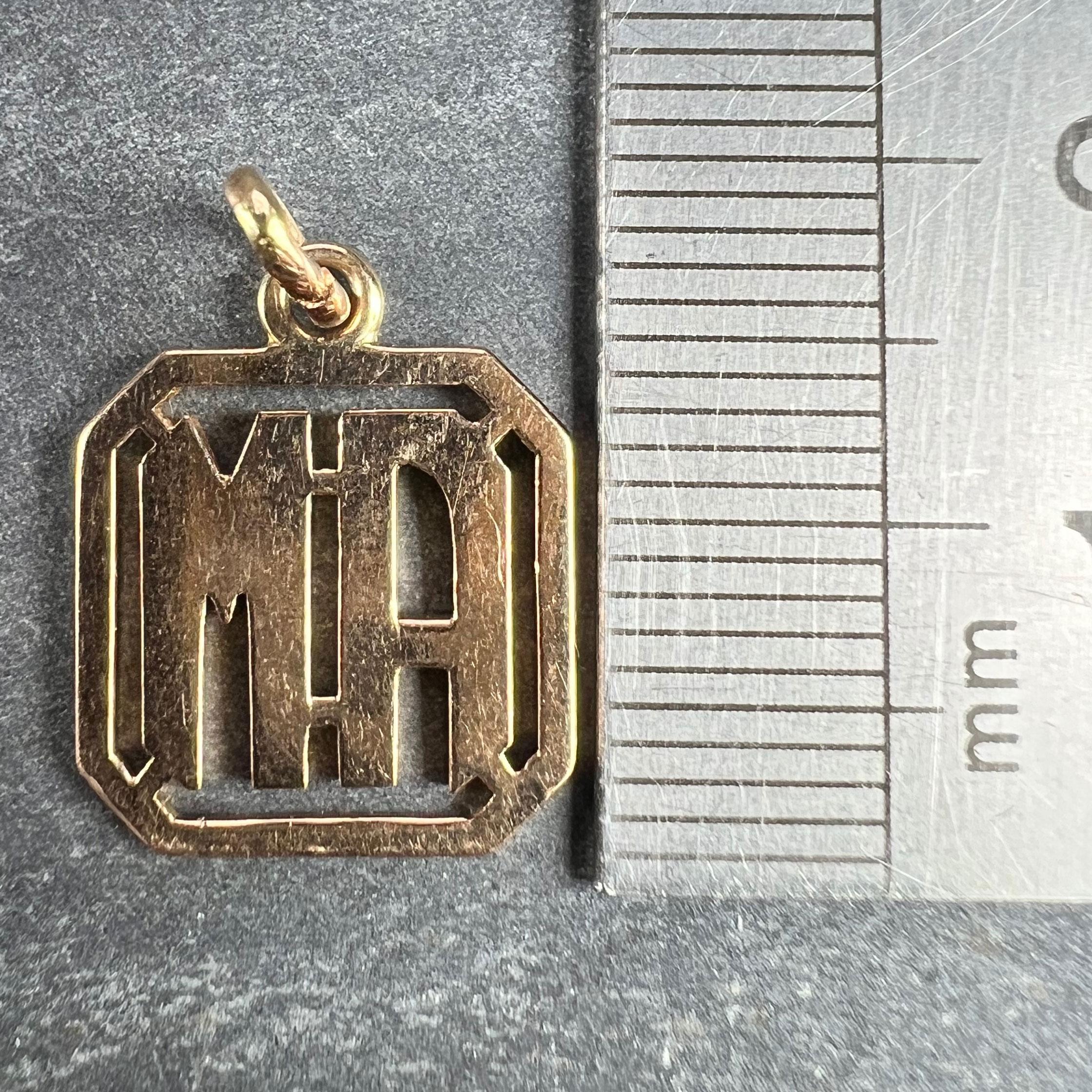 18K Yellow Gold MA or AM Monogram Initials Charm Pendant For Sale 5