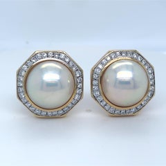 18k Yellow Gold Mabe Pearl and 2.24 ct Diamond Huggie Earrings 19.1 grams