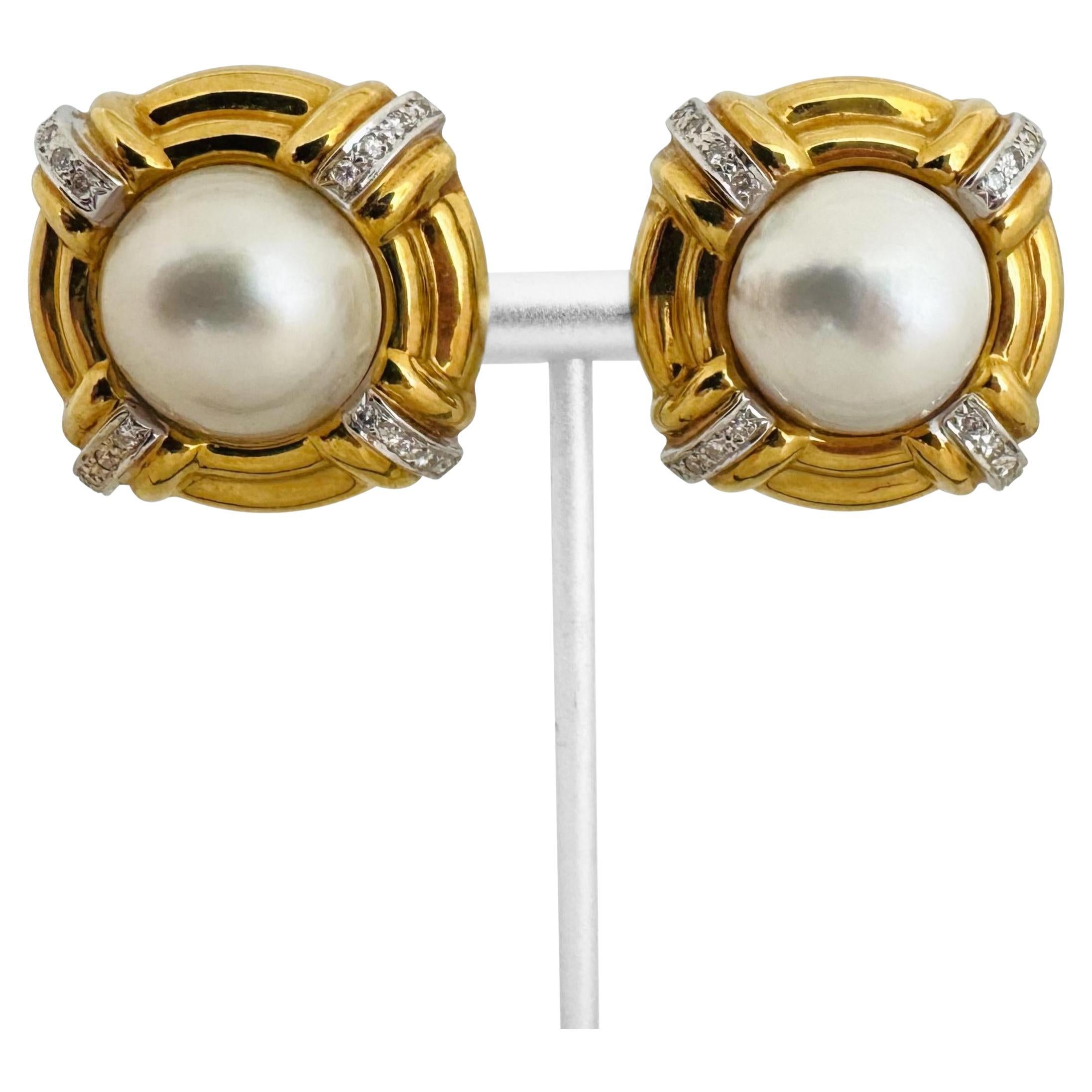 18k Yellow Gold Mabe Pearl and Diamond 18.4g Vintage Earclips 1"