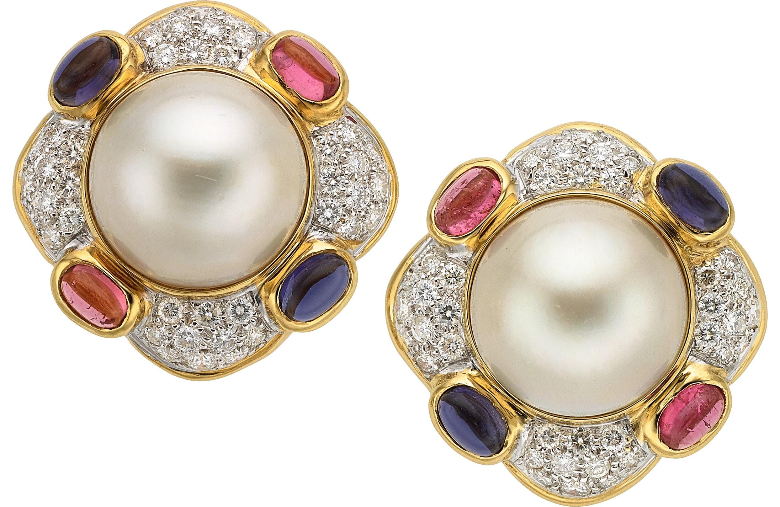 Modern 18k Yellow Gold Mabe Pearl, Diamond, Tourmaline, and Iolite Ear Clips For Sale