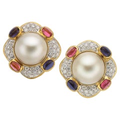 18k Yellow Gold Mabe Pearl, Diamond, Tourmaline, and Iolite Ear Clips