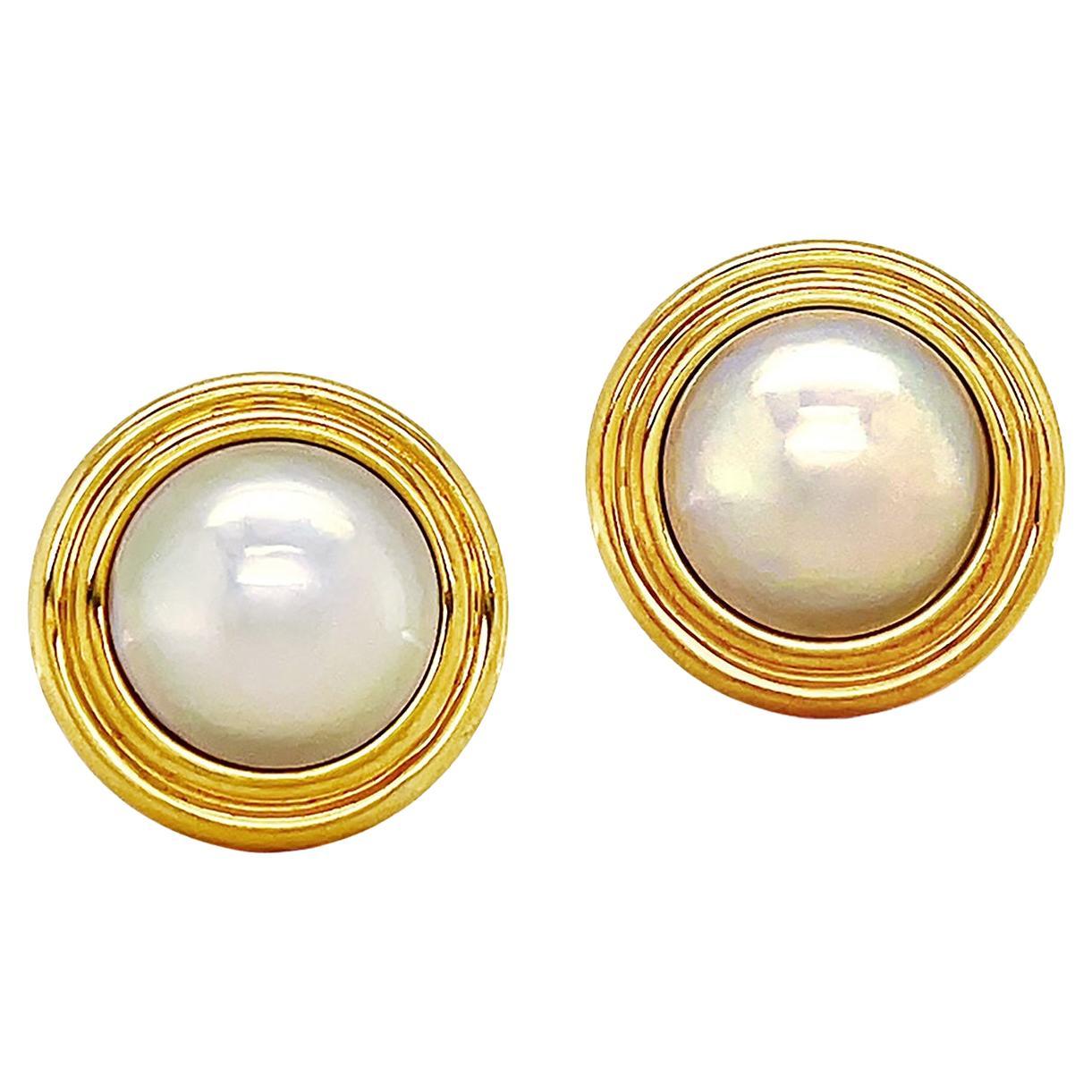 18K Yellow Gold Mabe Pearl Double Rim Earrings