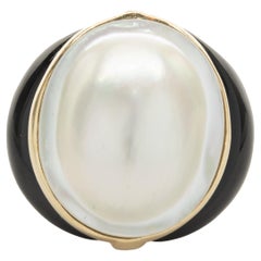 18k Yellow Gold Mabe Pearl Ring with Black Onyx Accents