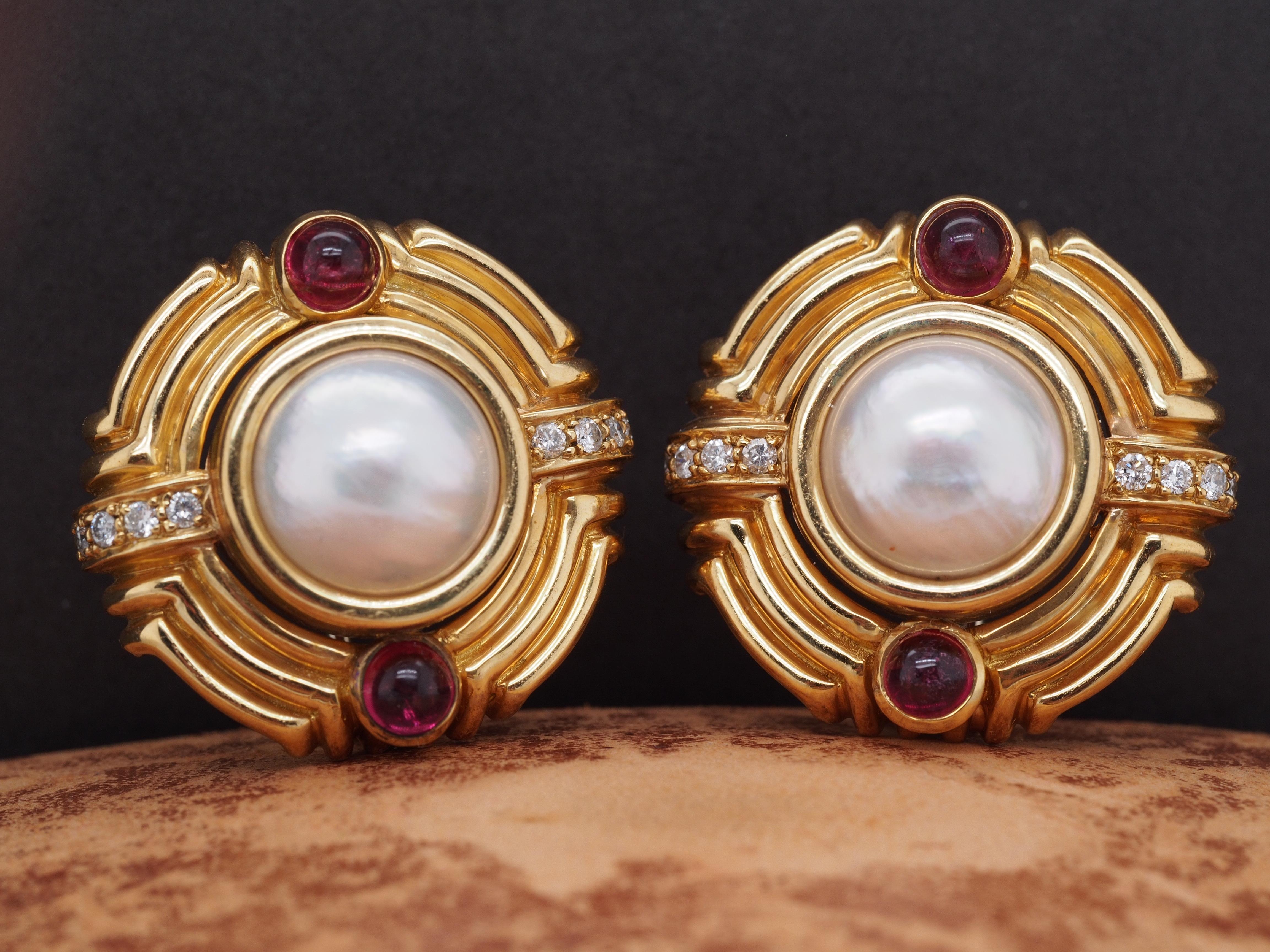 18K Yellow Gold Mabe Pearl, Tourmaline and Diamond Earrings In Good Condition For Sale In Atlanta, GA