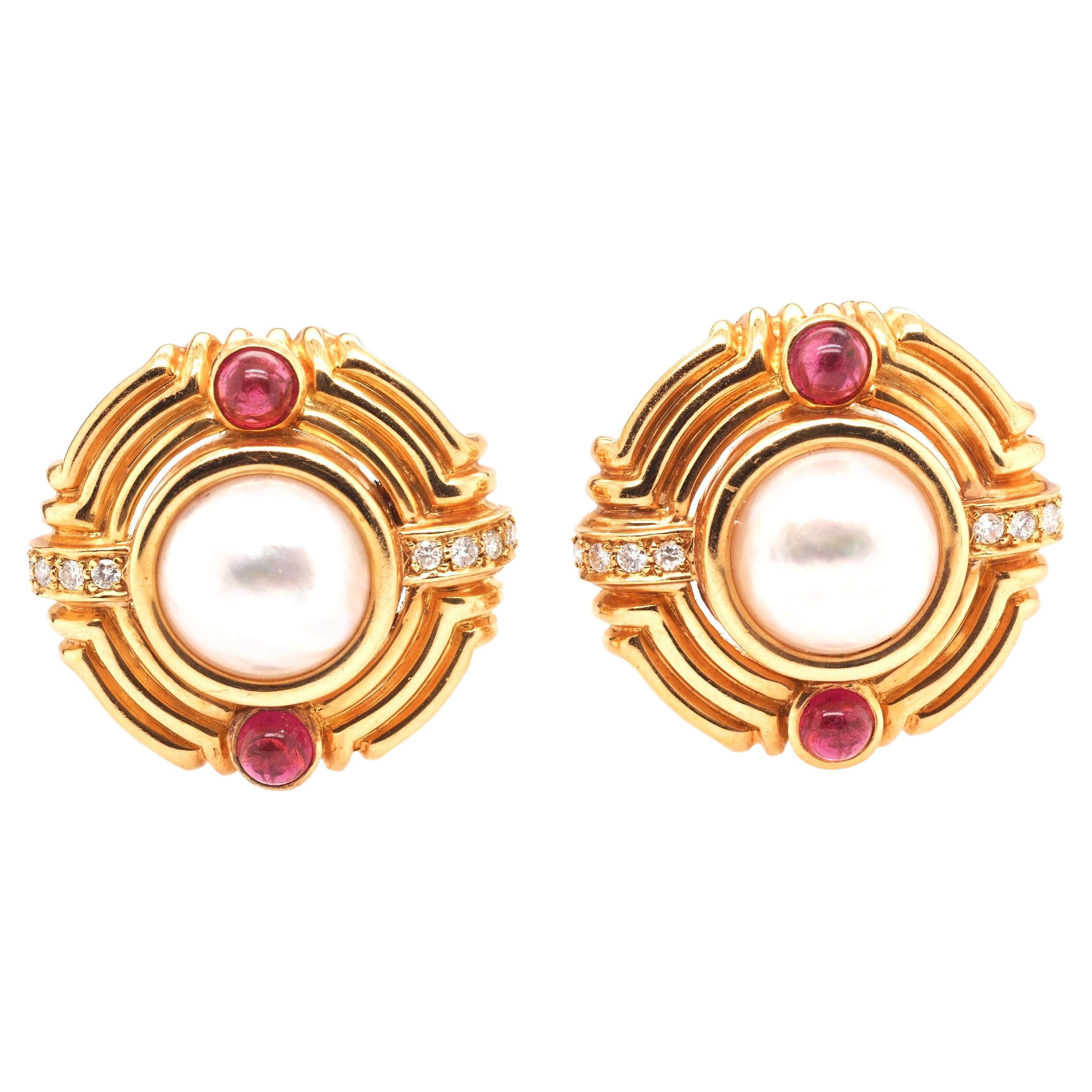 18K Yellow Gold Mabe Pearl, Tourmaline and Diamond Earrings For Sale