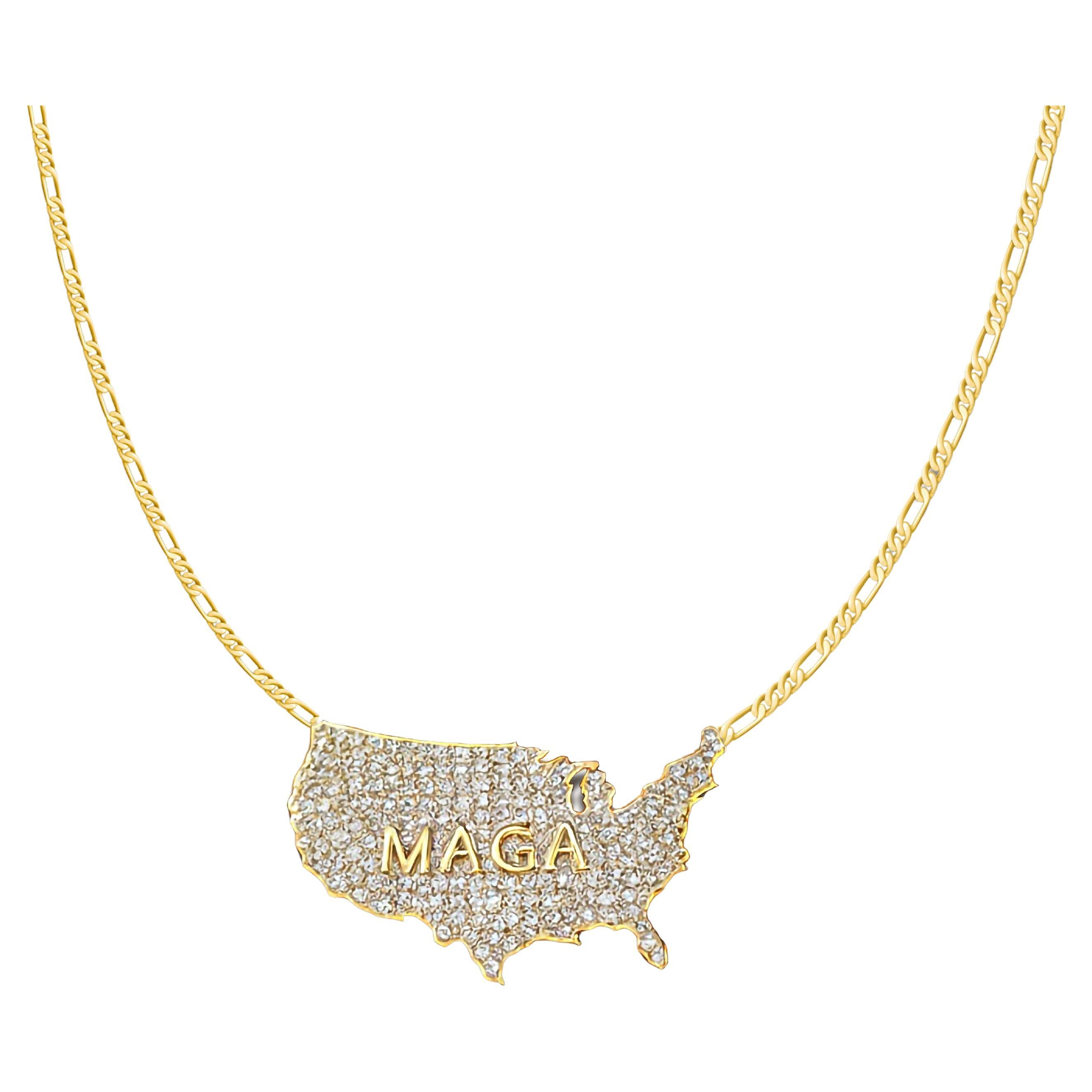 USA Map 14K Gold Maga Pendant Necklace For Sale