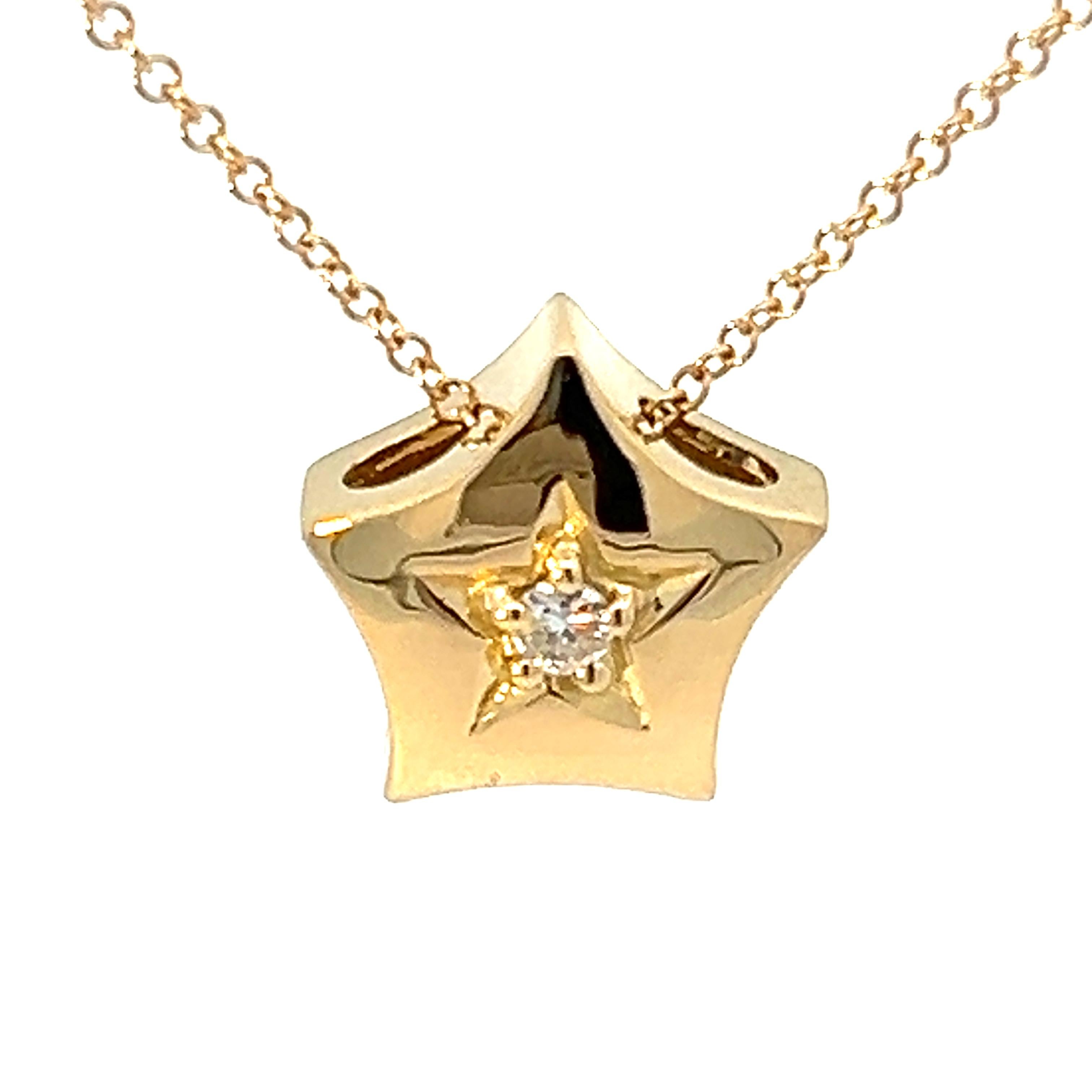 Round Cut 18k Yellow Gold Magic Lucky Puffed Star Necklace 0.05ct White Diamond  For Sale