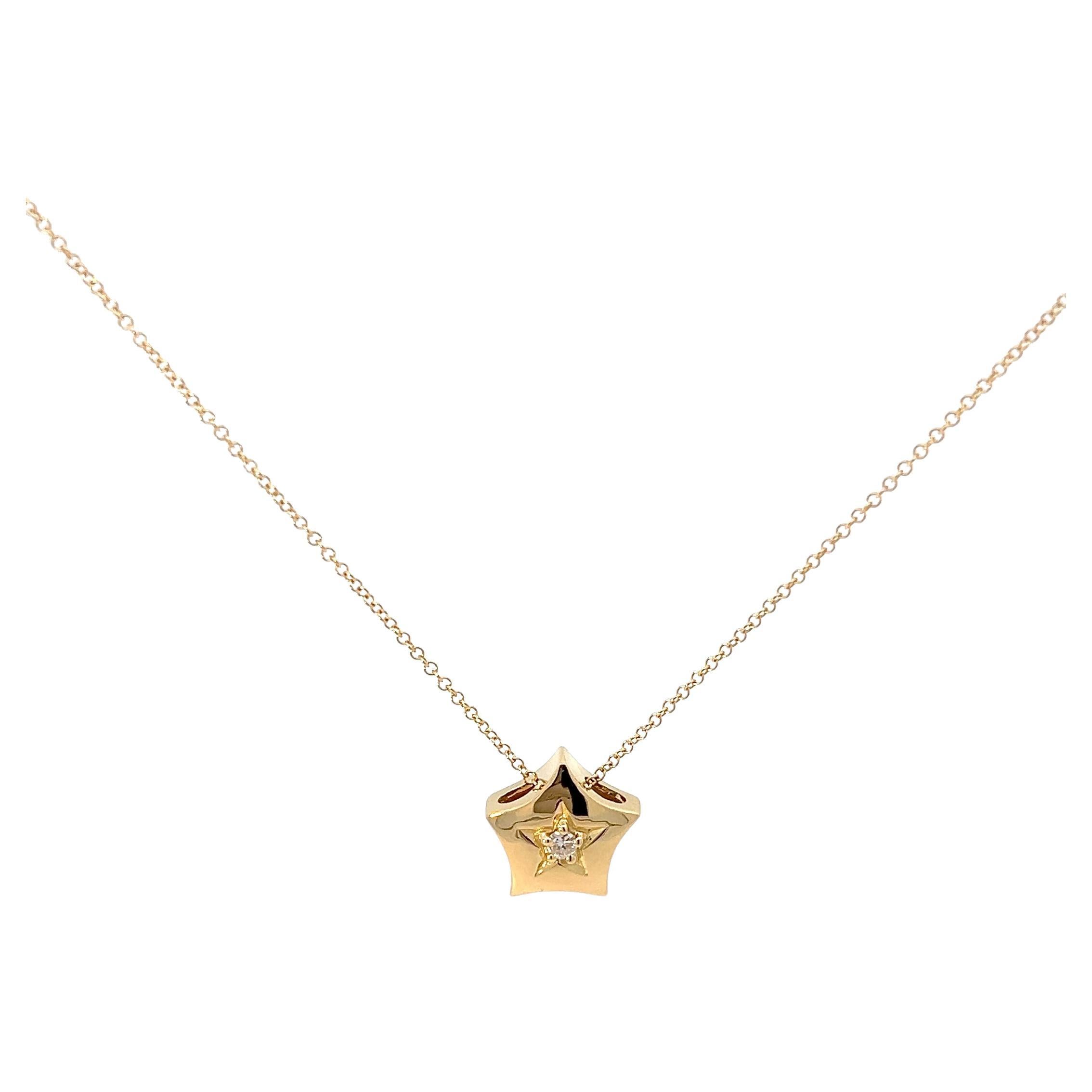 18k Yellow Gold Magic Lucky Puffed Star Necklace 0.05ct White Diamond  For Sale