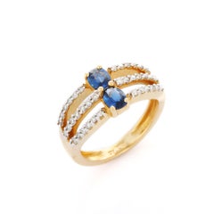 Elegant Double Sapphire and Diamond Split Band Statement Ring in 18k Yellow Gold