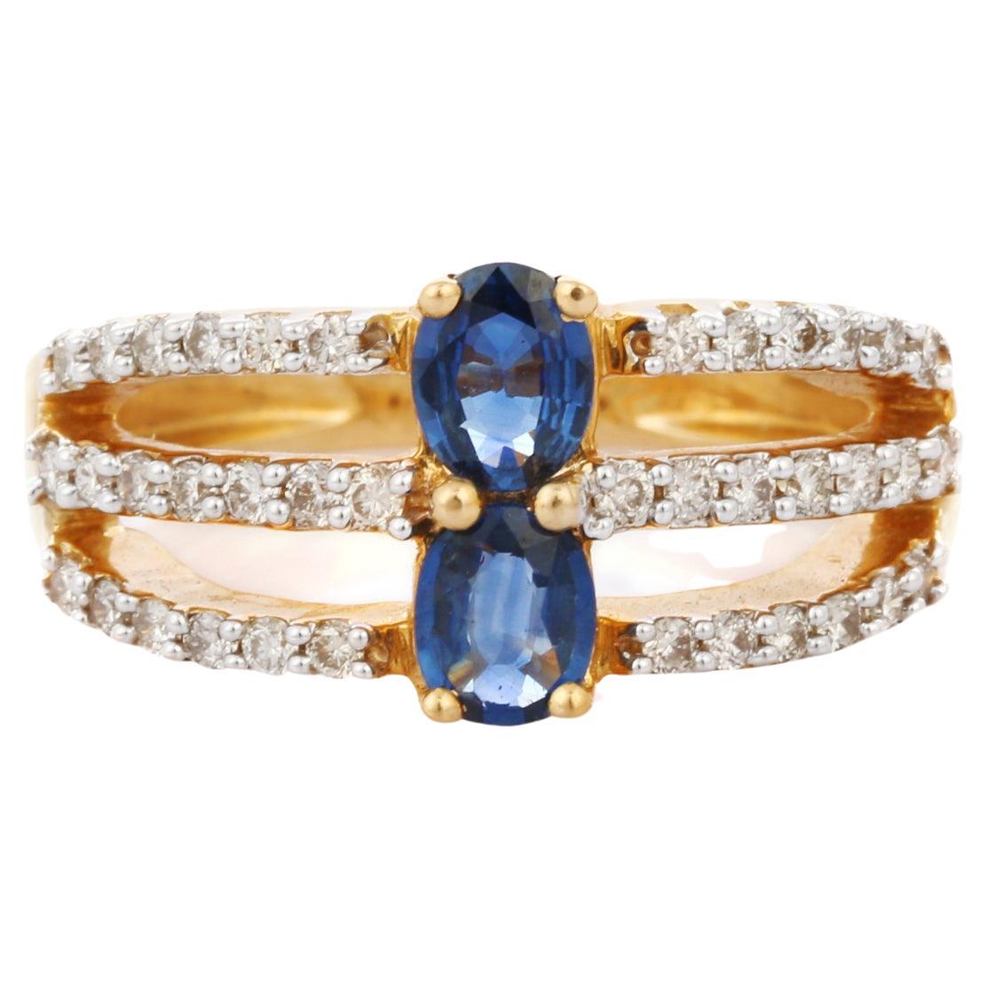 Magnifique bague de fiançailles en or jaune 18 carats avec saphir bleu et diamants