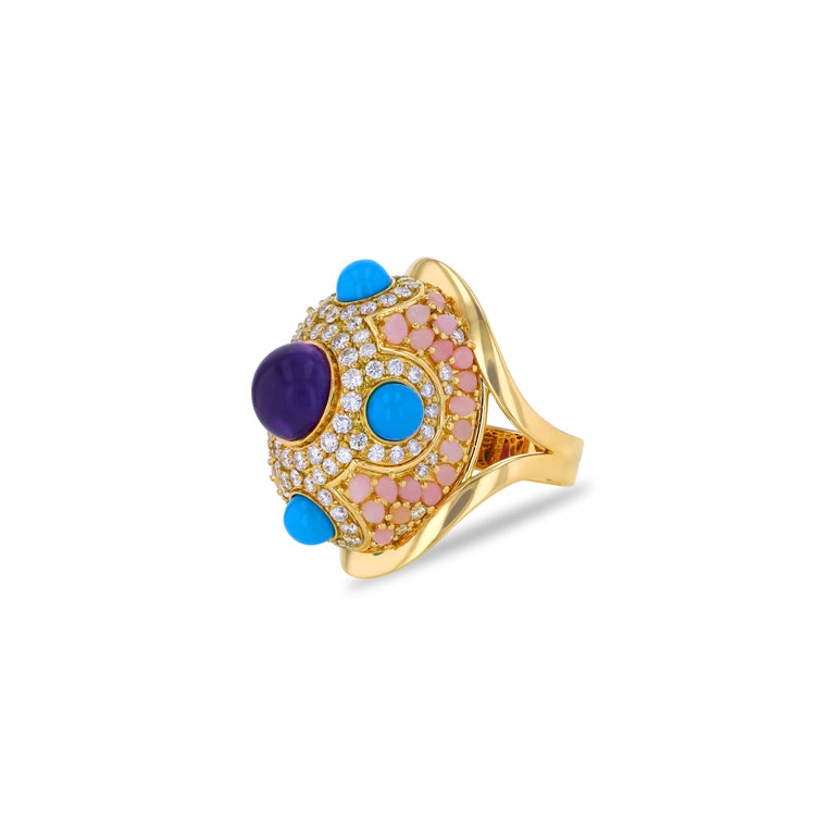 TOKTAM 18k Gelbgold Majestic Turquoise, Amethyst, Rosa Opal Diamantring