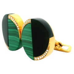 Gemelos Ovalados Ying Yang de Malaquita, Ónix Negro y Diamante de Oro Amarillo de 18k