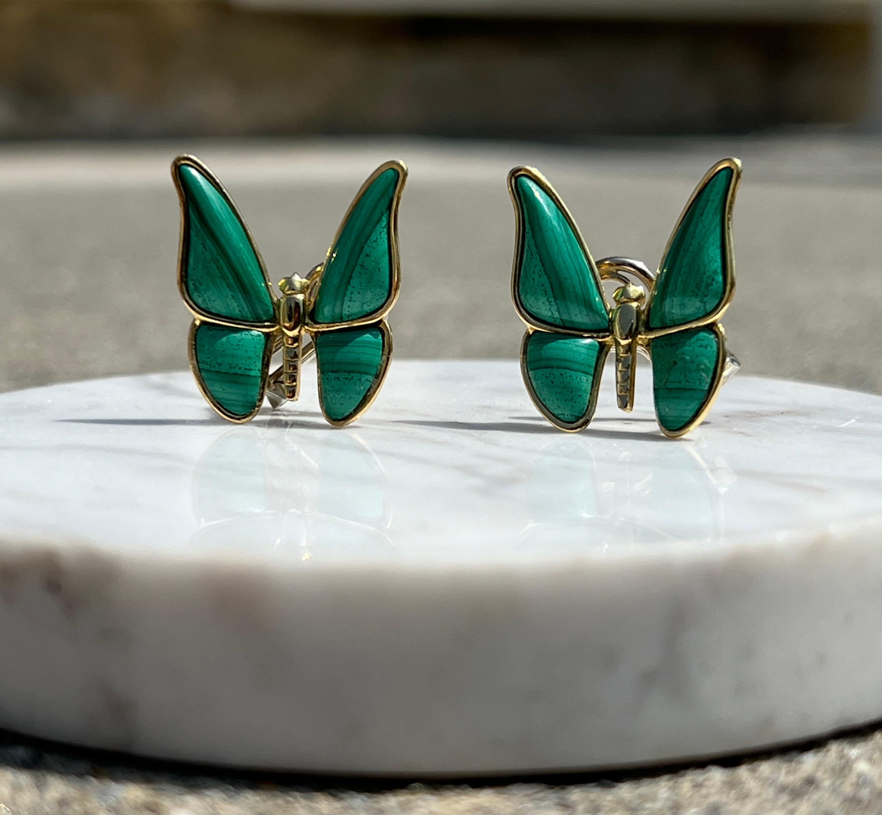 Tumbled 18k Yellow Gold Malachite Butterfly Clip On Earrings