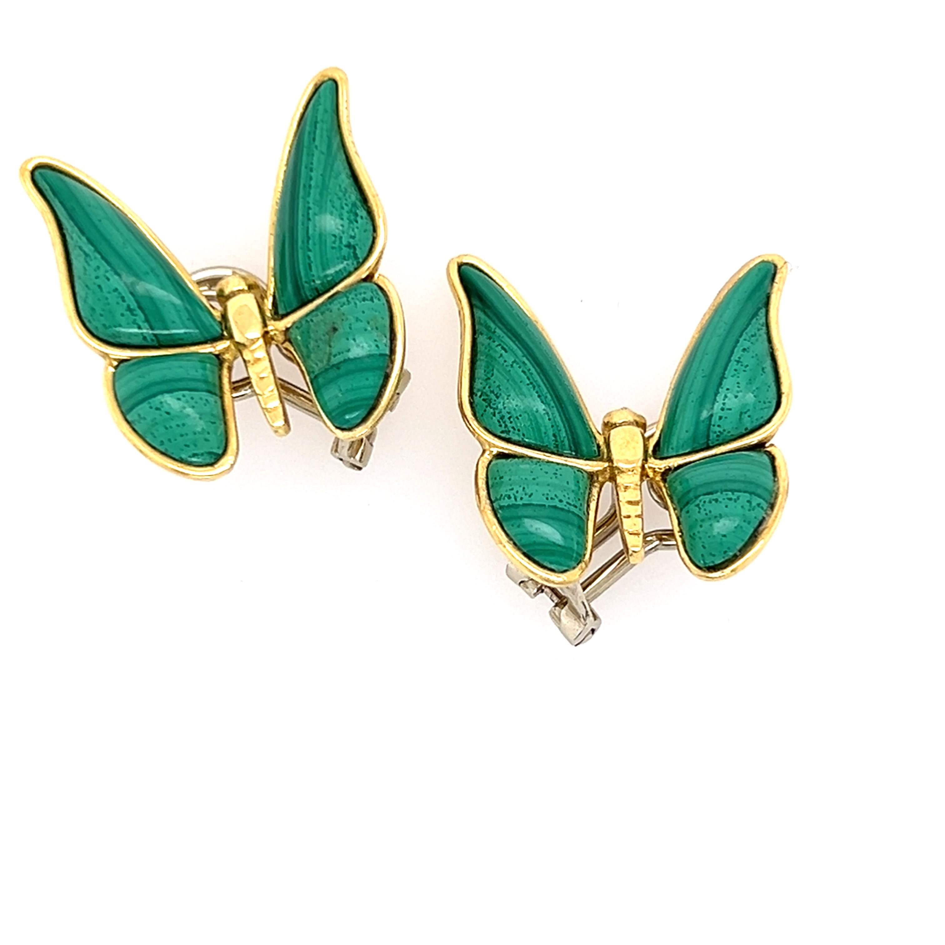 18k Yellow Gold Malachite Butterfly Clip On Earrings In Good Condition In Towson, MD