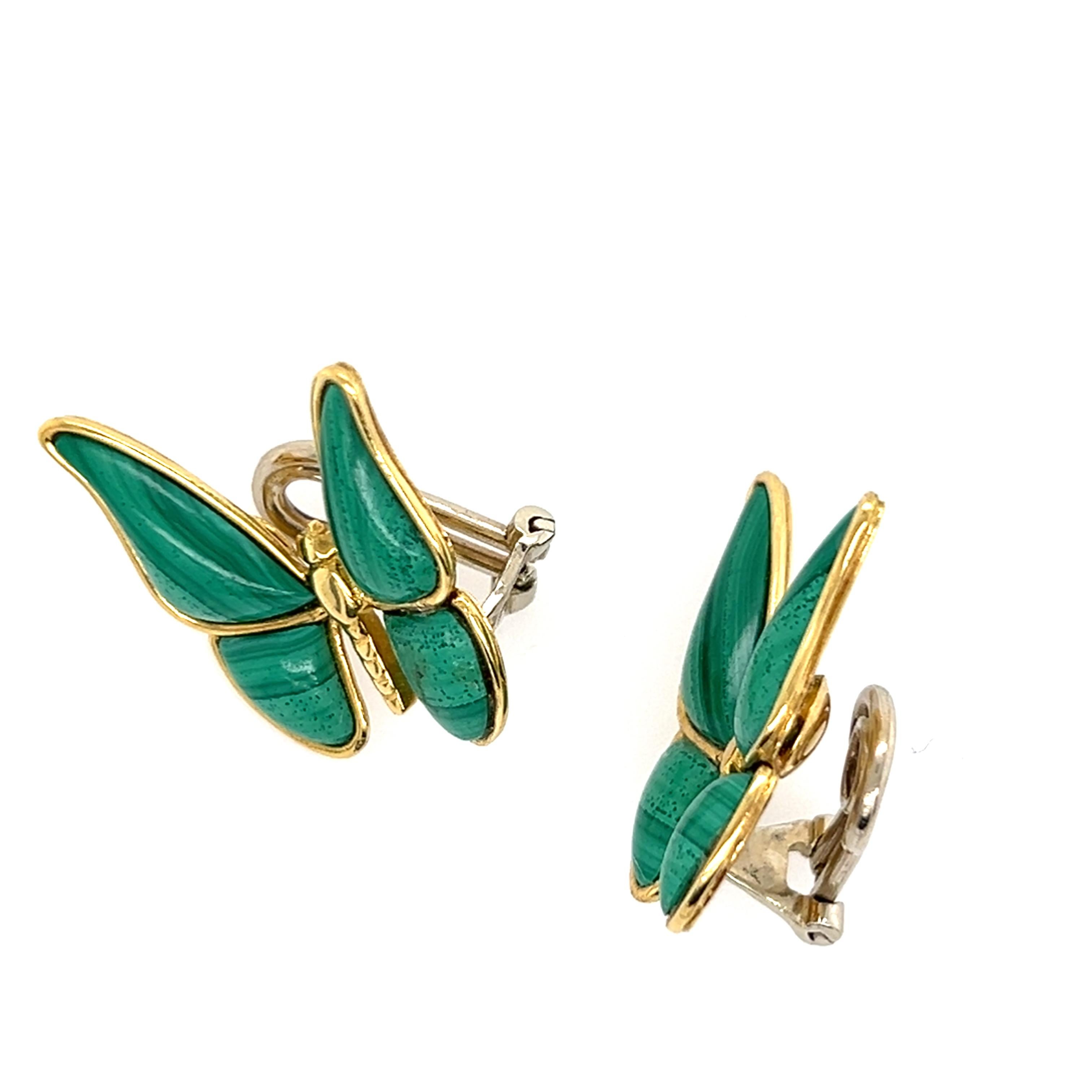 18k Yellow Gold Malachite Butterfly Clip On Earrings 1