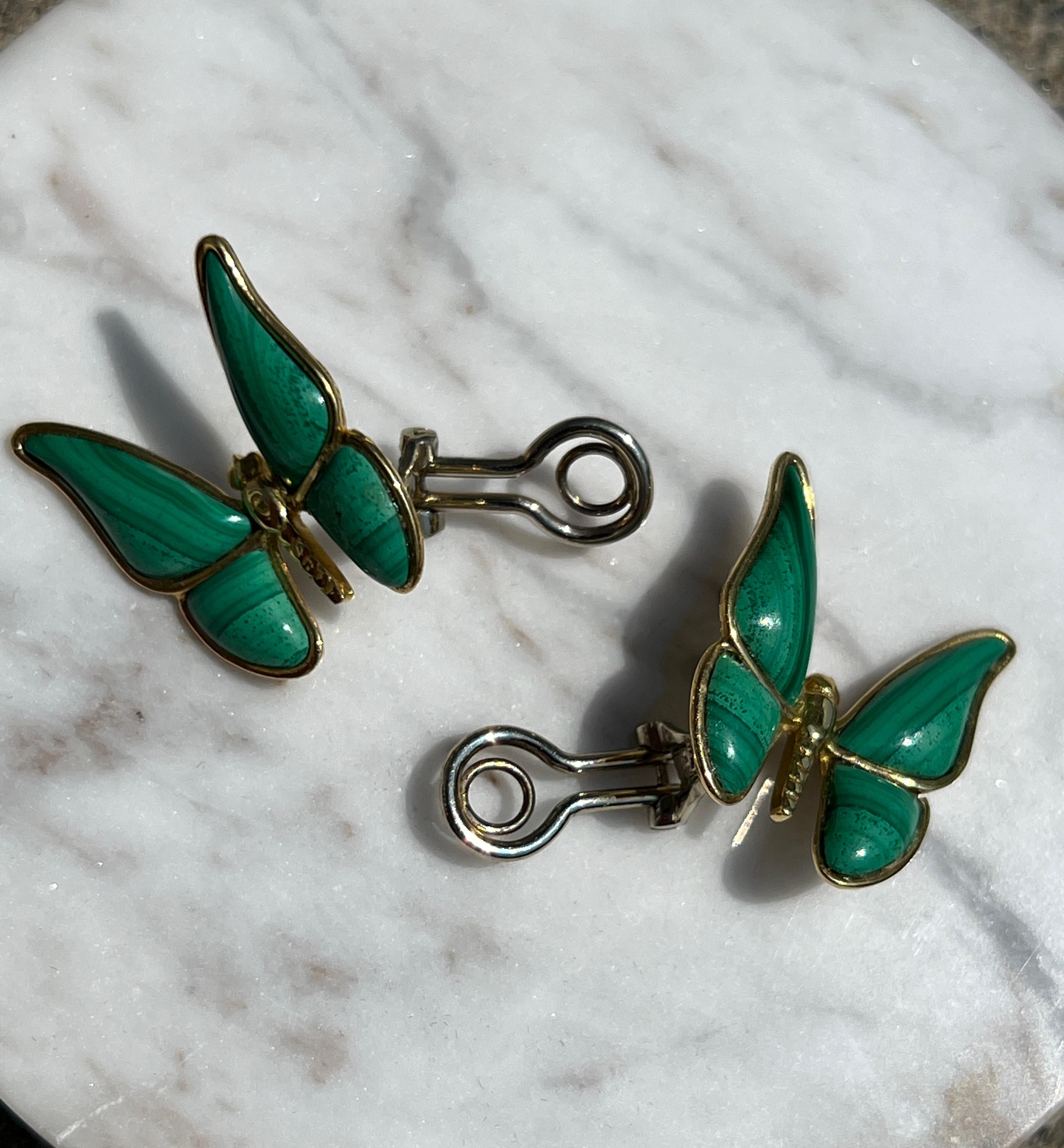 18k Yellow Gold Malachite Butterfly Clip On Earrings 3
