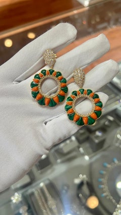 18K Yellow Gold Malachite & Coral Statement Diamond Hanging Earrings 3.00ct