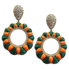 18K Yellow Gold Malachite & Coral Statement Diamond Hanging Earrings 3.00ct