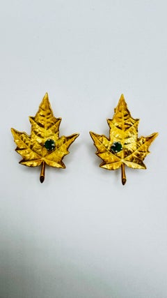 18K Yellow Gold Maple Leaf Earrings with Emeralds, Circa 1970