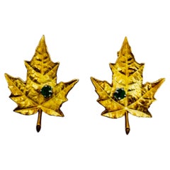 18K Yellow Gold Maple Leaf Earrings with Emeralds, Circa 1970