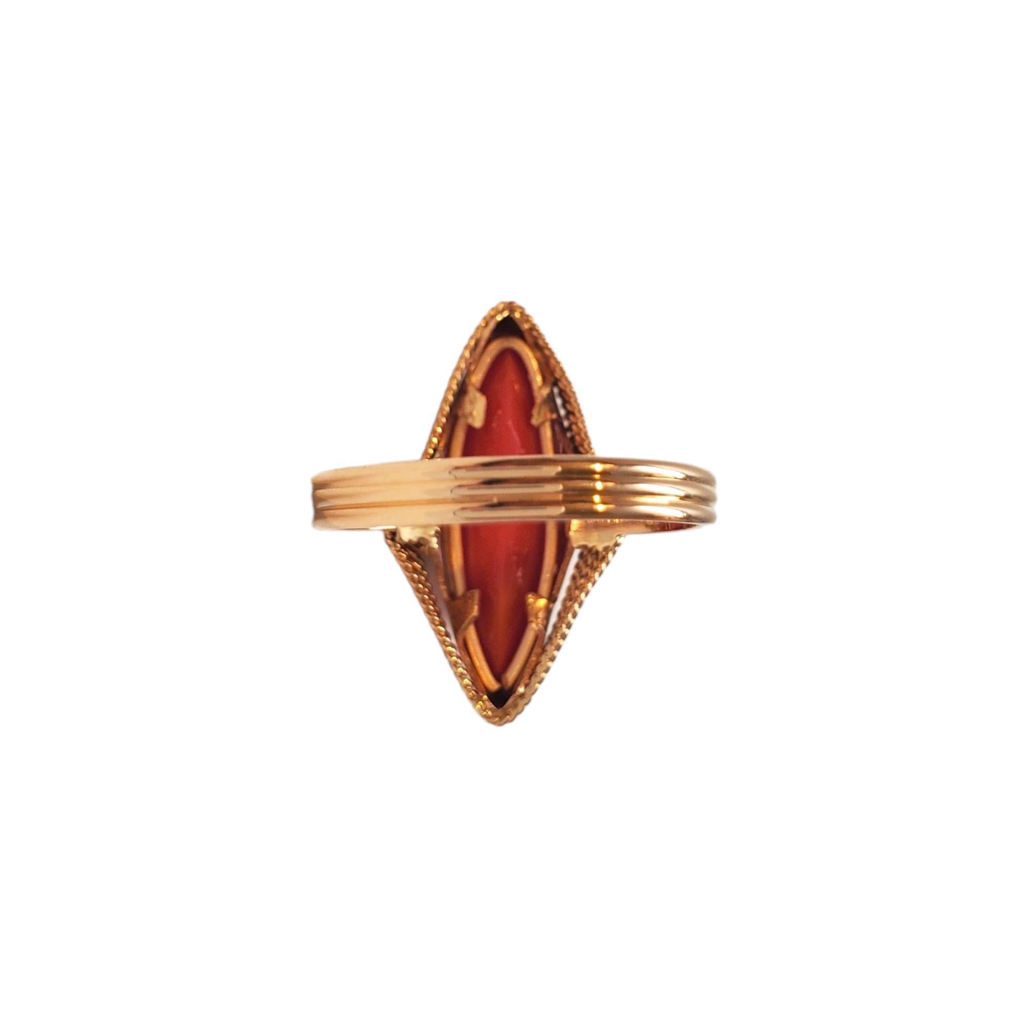 18K Yellow Gold Marquis Shaped Red Coral Ring Size 7.5

Elegant ring with cabochon marquis-shaped coral center in 18K yellow gold.

Hallmark: 59 AR 750

Weight: 3.24 dwt/ 5.04 g

Ring Size: 7.5

Size: 23.17 mm X 13.98 mm X 8.12 mm

Shank: 2.72