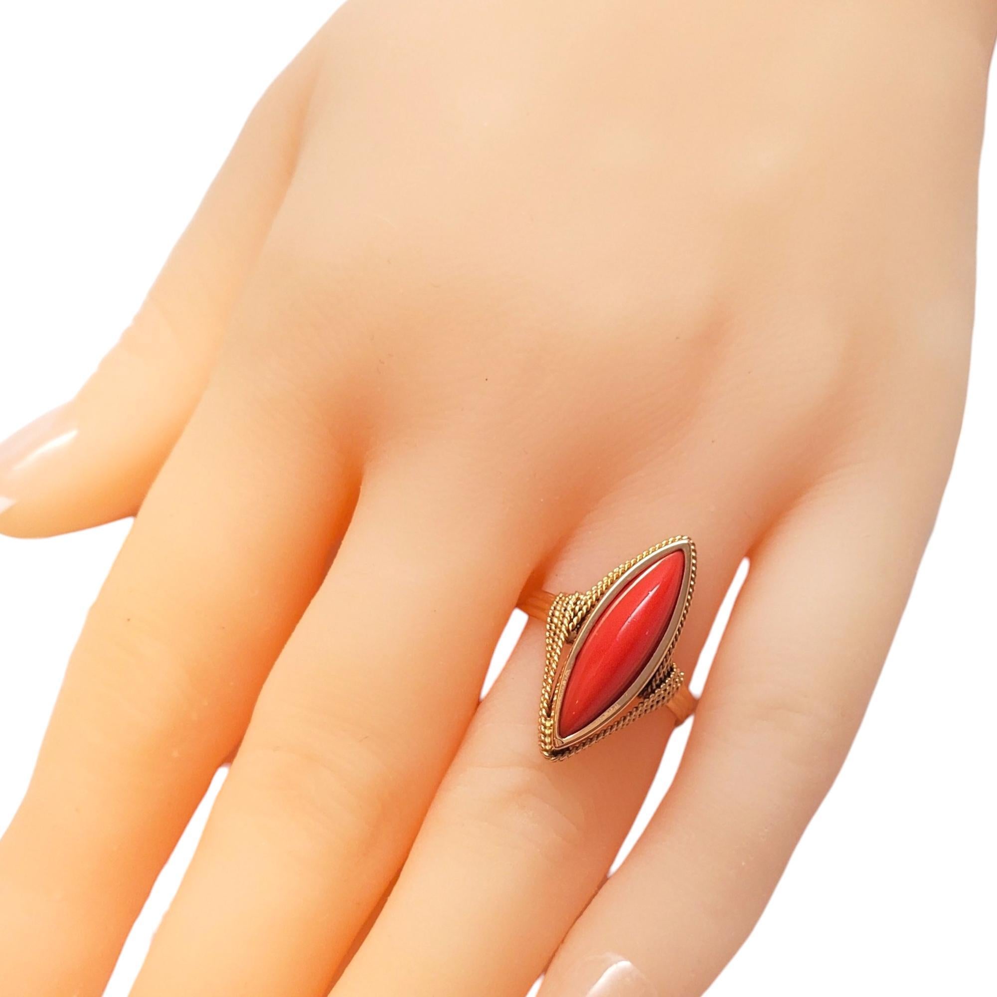 Women's 18K Yellow Gold Marquis Shaped Red Coral Ring #17539
