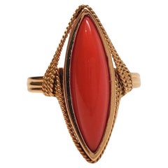 18K Yellow Gold Marquis Shaped Red Coral Ring #17539