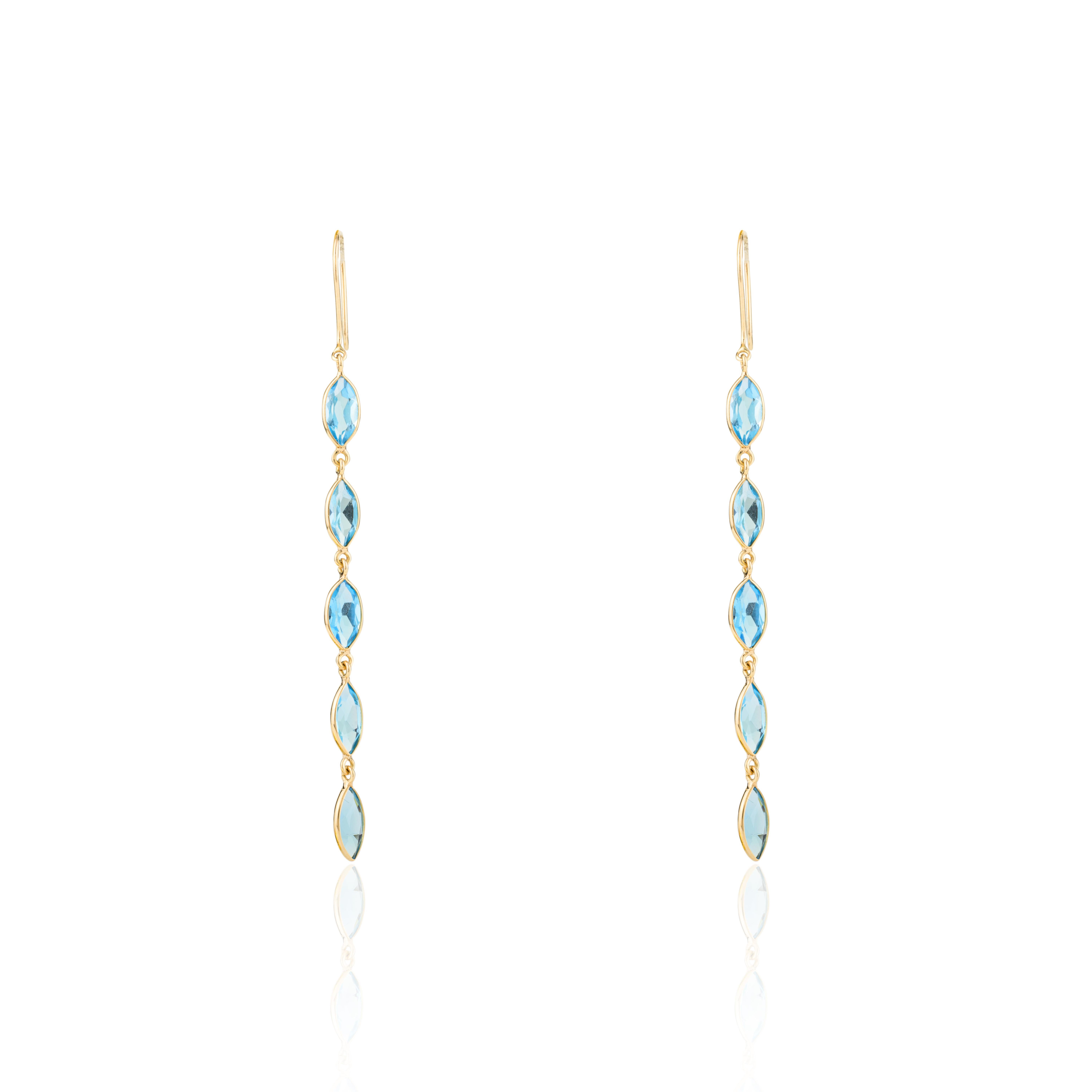 Modern 18K Yellow Gold Marquise Blue Topaz Gemstone Drop Earrings for Women For Sale