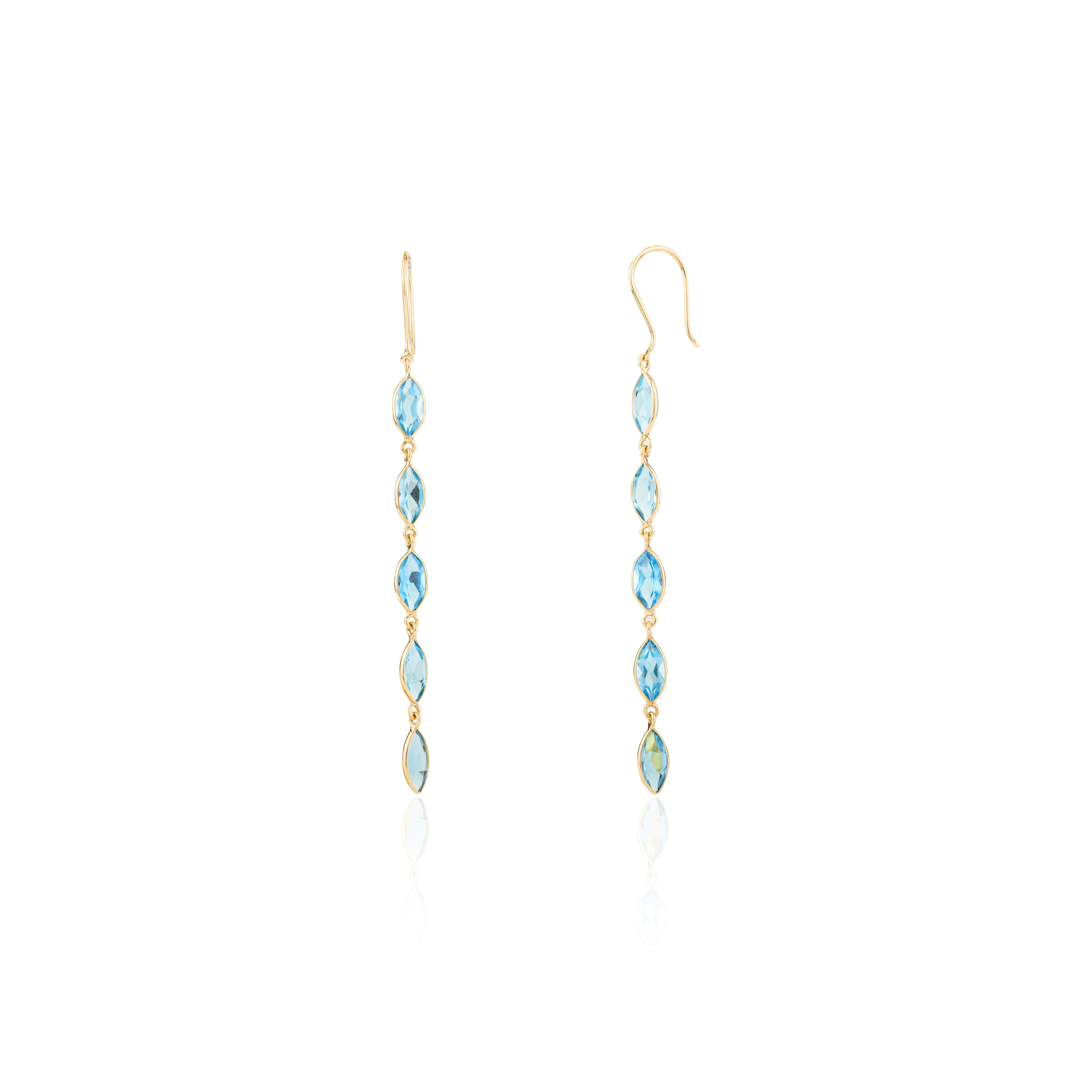 18K Yellow Gold Marquise Blue Topaz Gemstone Drop Earrings for Women In New Condition For Sale In Houston, TX