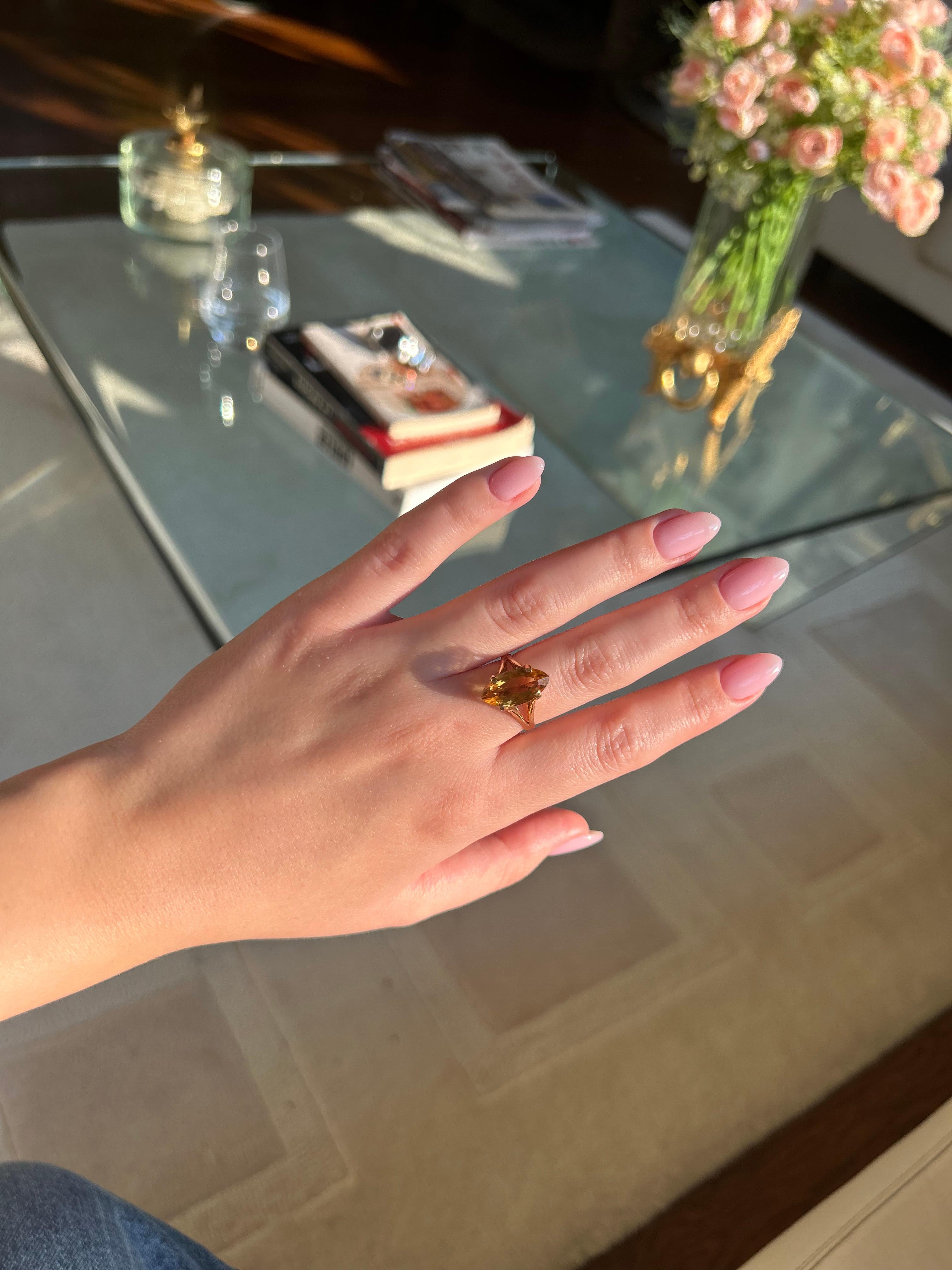 Bague Cocktail Citrine Marquise en or jaune 18K - 5 Carat Statement Jewelry en vente 2
