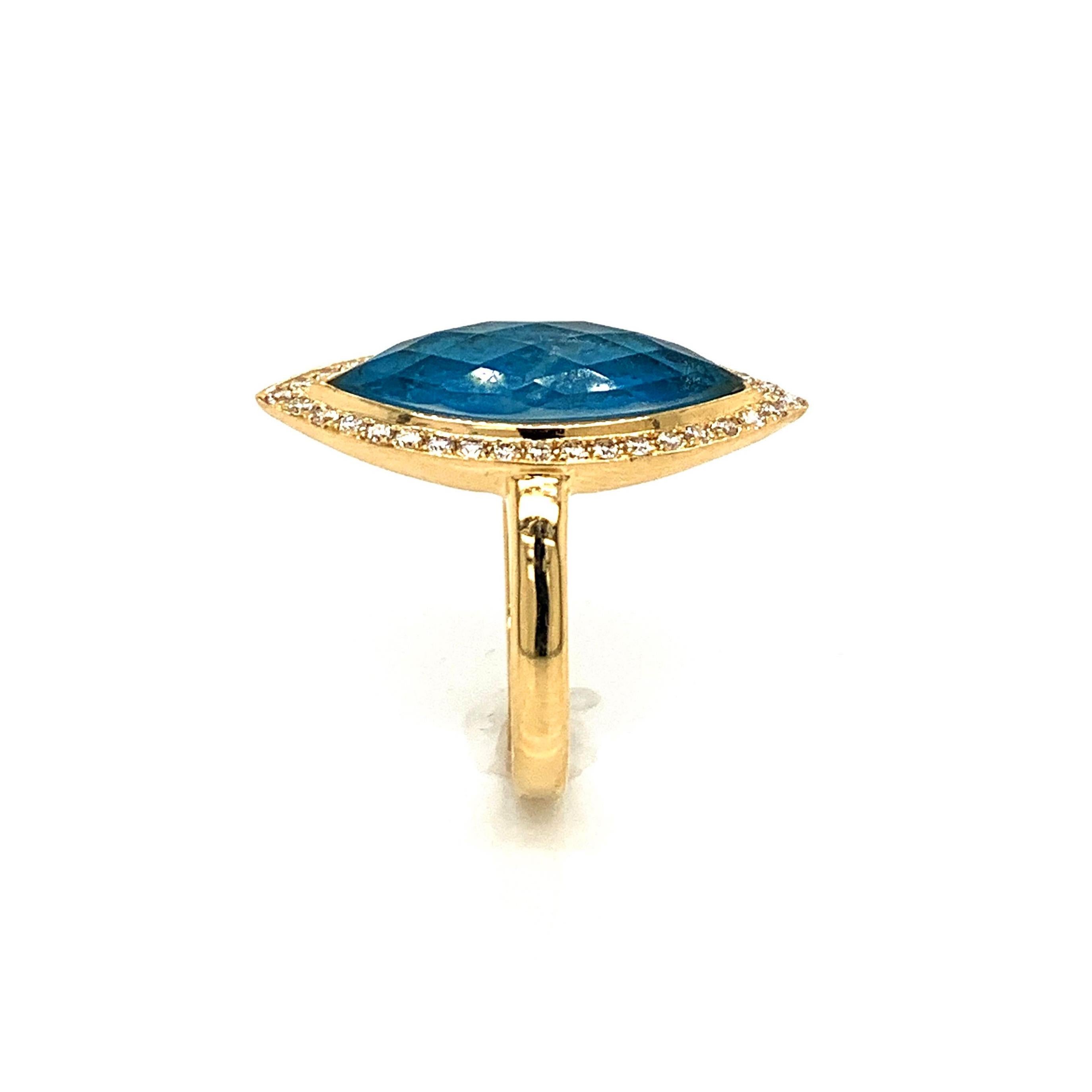 Contemporary 18K Yellow Gold Marquise Cocktail Ring w/Apatite, Rock Crystal Quartz & Diamonds For Sale