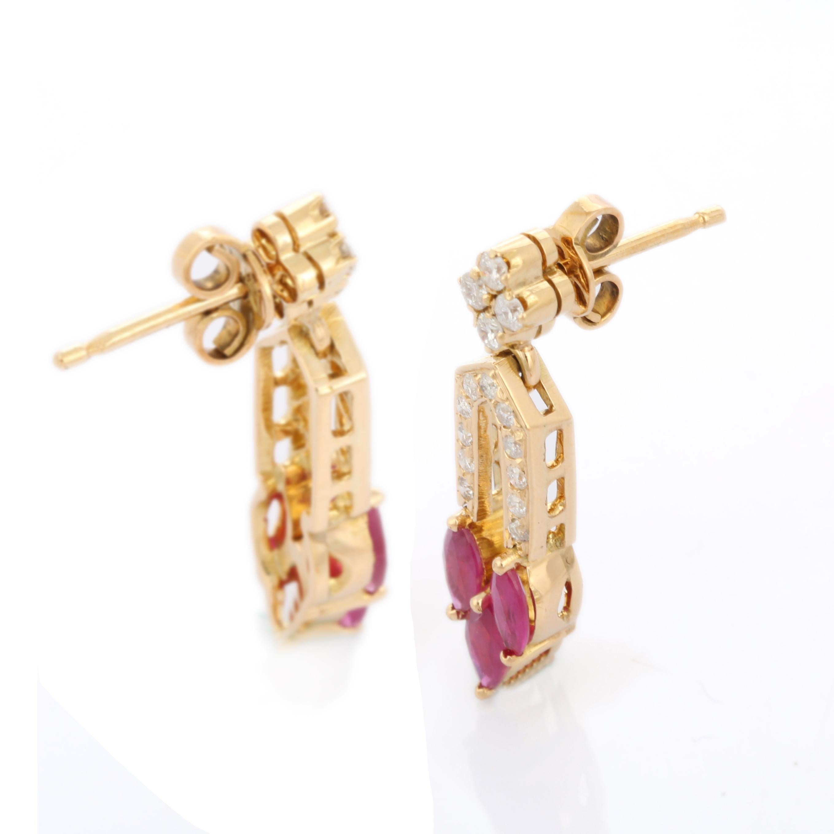 Ruby and Diamond Dangle earrings to make a statement with your look. These earrings create a sparkling, luxurious look featuring marquise cut gemstone.
If you love to gravitate towards unique styles, this piece of jewelry is perfect for