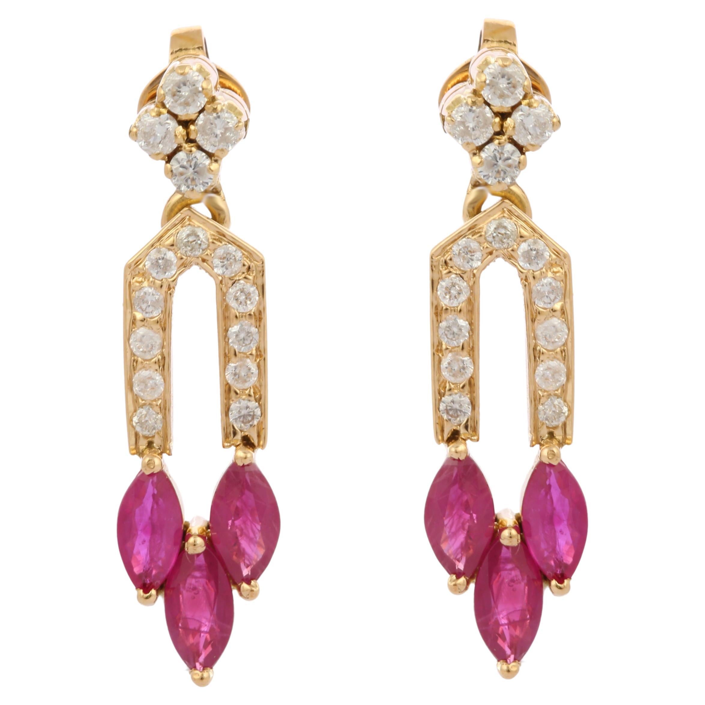 18K Yellow Gold Marquise Cut Ruby and Diamond Wedding Dangle Earrings For Sale