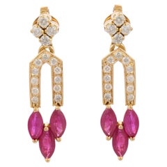 18K Yellow Gold Marquise Cut Ruby and Diamond Wedding Dangle Earrings