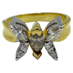 18K Yellow Gold Marquise Cut White and Brown Diamond Butterfly Ring