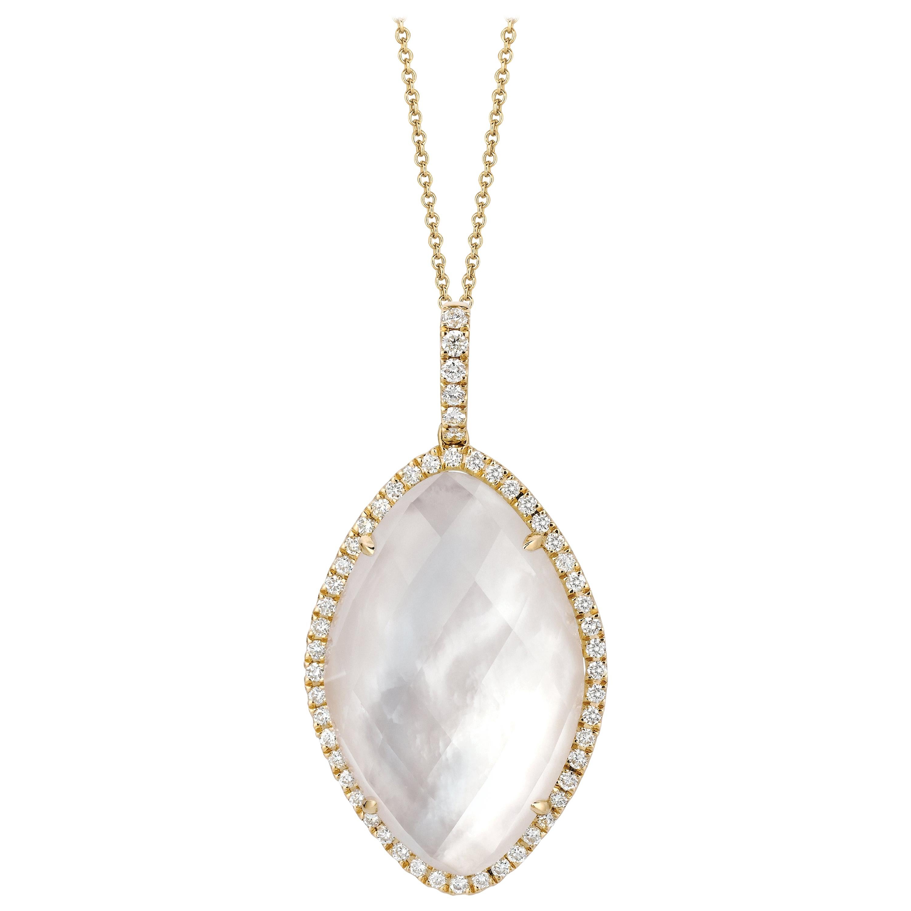 18K Yellow Gold Marquise Fashion Necklace w/ Mother of Pearl, Quartz & Diamonds For Sale