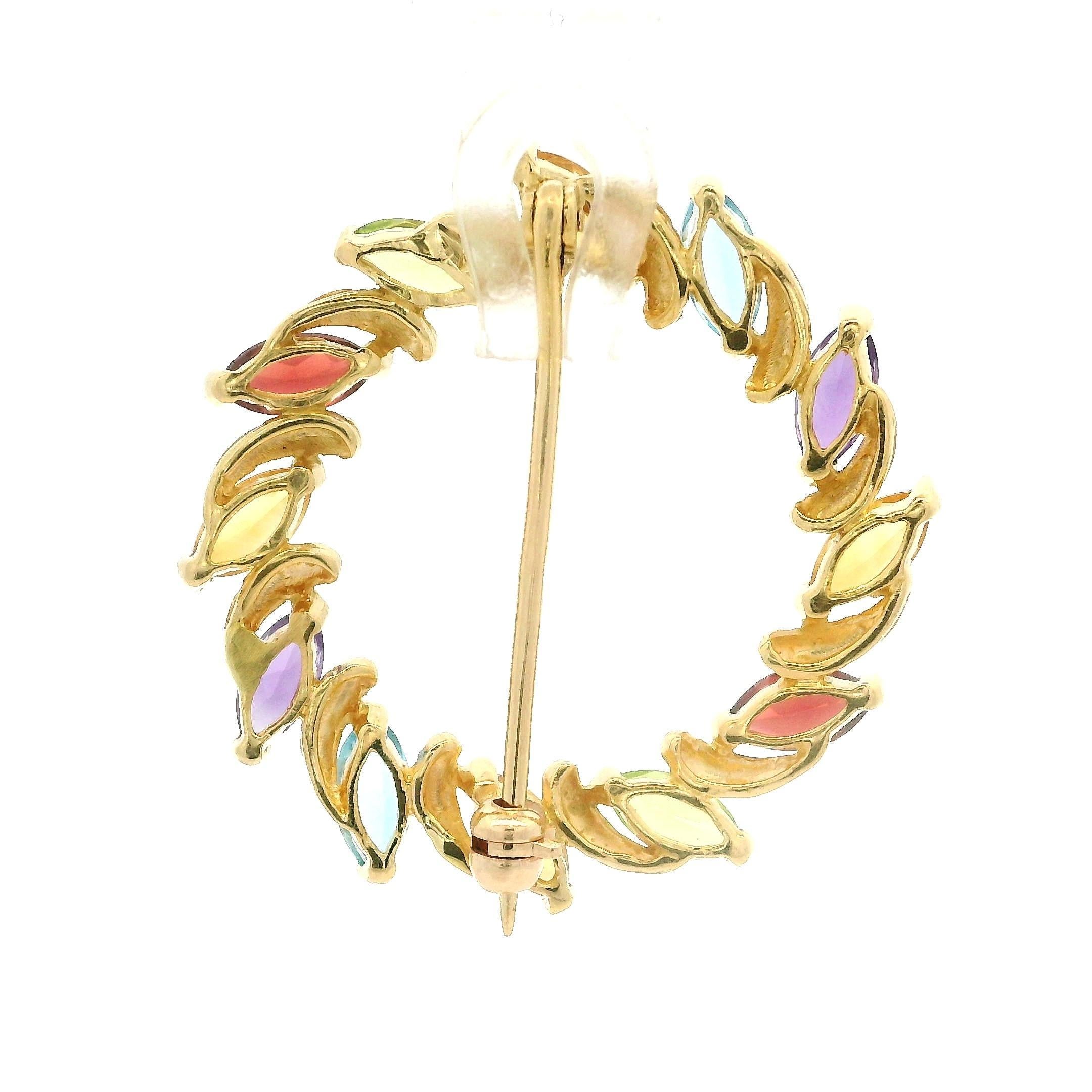 18k Gelb Gold Marquise natürlichen Multi Farbe Edelsteine Kreis Kranz Pin Brosche Damen im Angebot