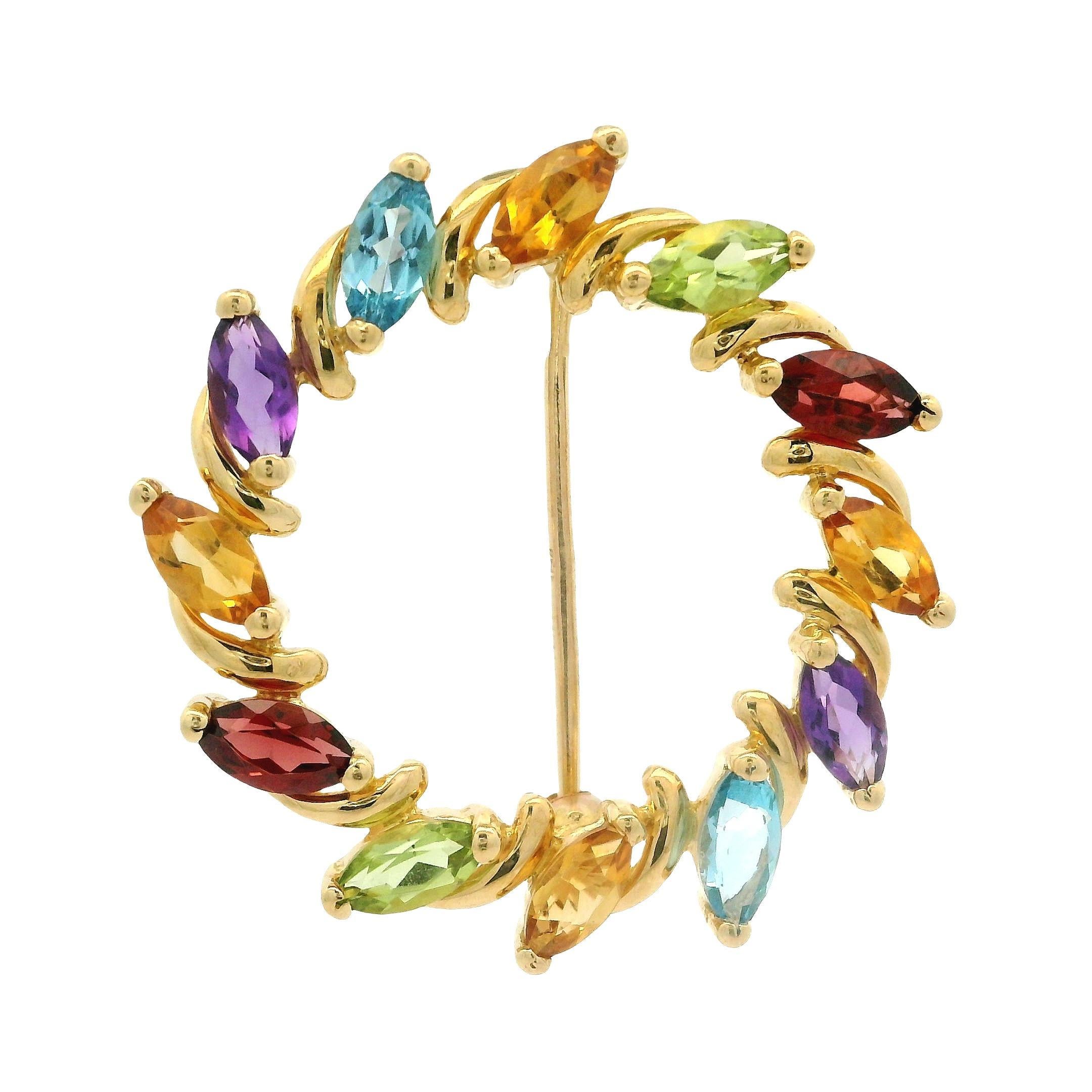 18k Gelb Gold Marquise natürlichen Multi Farbe Edelsteine Kreis Kranz Pin Brosche im Angebot 2